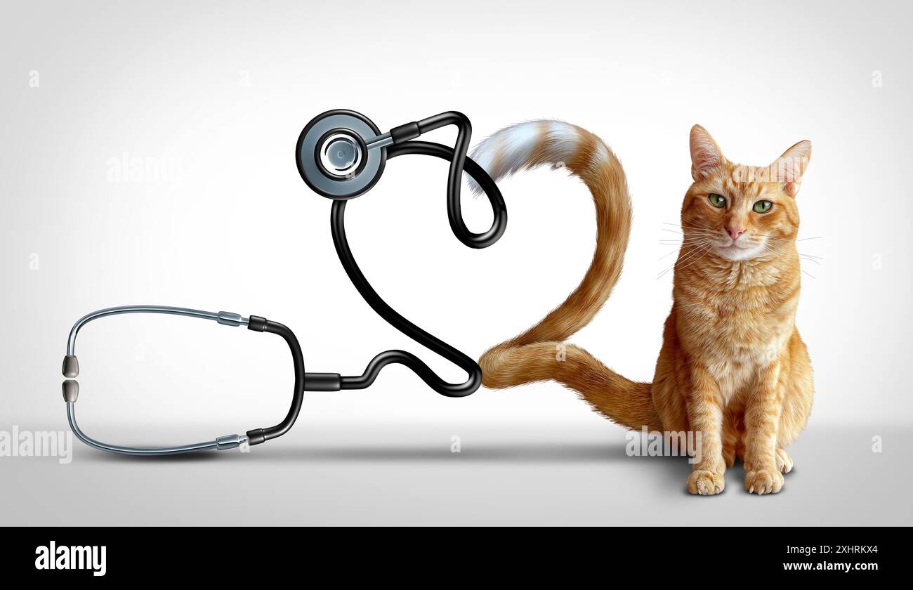 Cat Veterinary Healthcare and Cats lieben als Symbol für Katzengesundheit und Tierarzt-Therapie als Ingwerkatze oder als niedliches Tabby mit Herzform Stockfoto