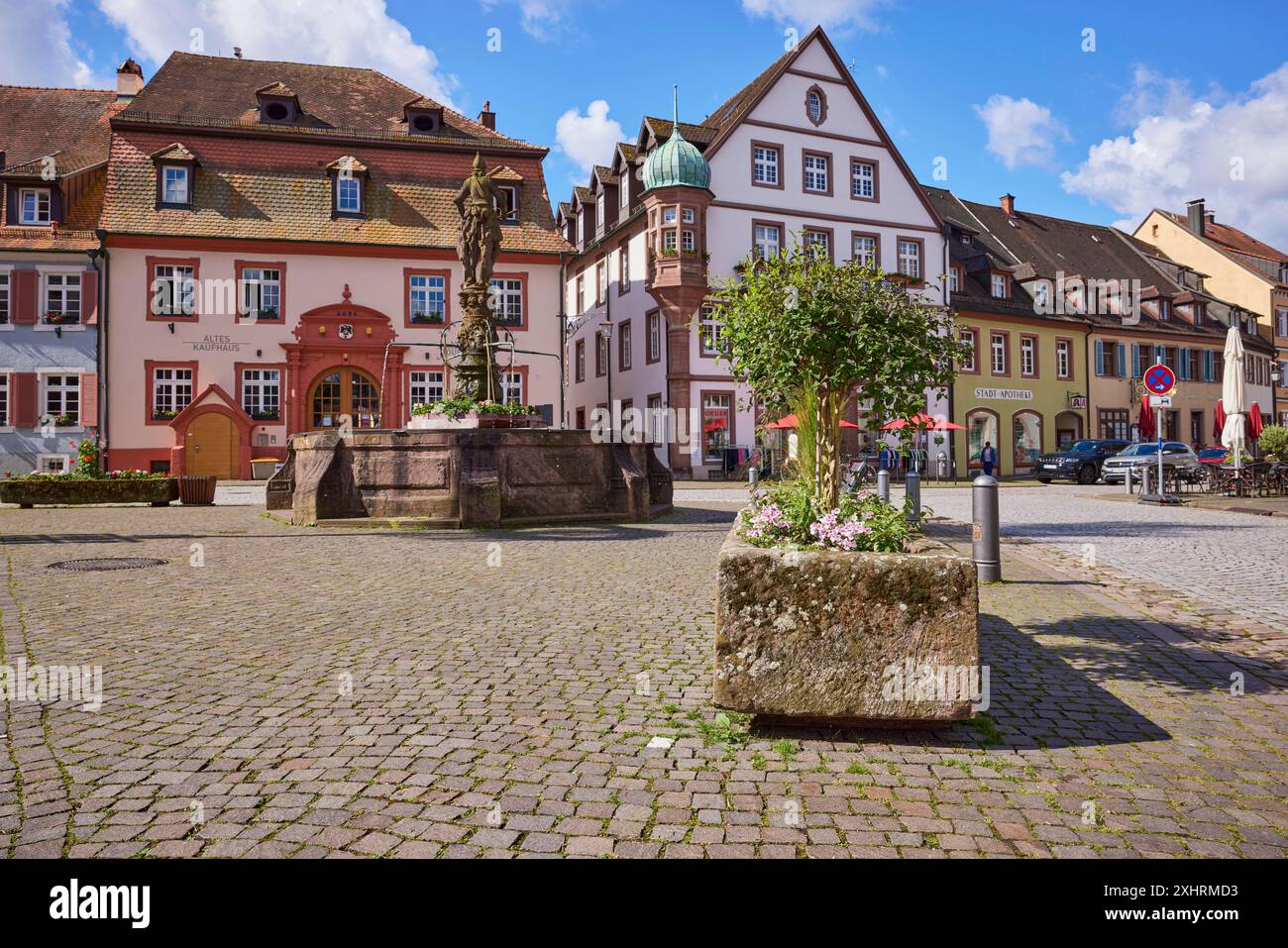 Marktbrunnen und Blumentöpfe auf dem Marktplatz aus Froschperspektive in Gengenbach, Schwarzwald, Ortenaukreis, Baden-Württemberg Stockfoto