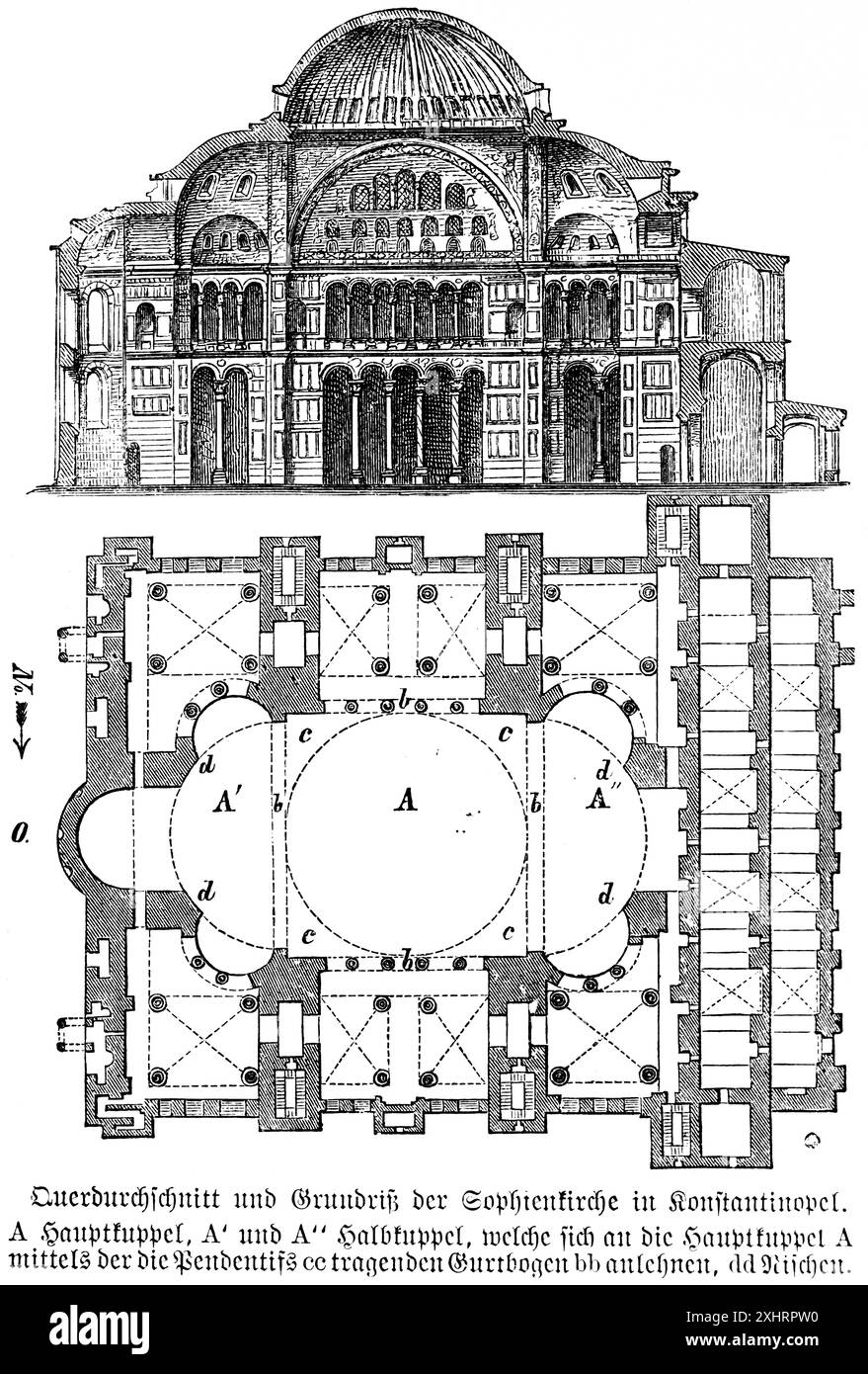 Koran-Abschnitt und Grundriss der Sophiakirche in Konstantinopel, Hagia Sophia in Istanbul, Türkei, historische Illustration 1880 Stockfoto