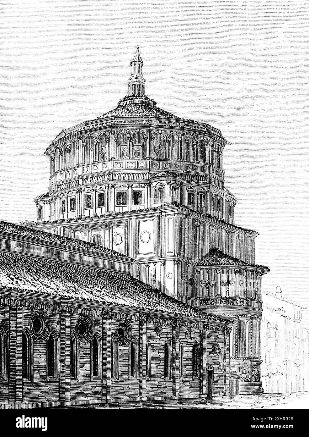 Dominikanerkirche Santa Maria delle Grazie, UNESCO-Weltkulturerbe, breiter Rundturm, Mailand, Italien, historische Illustration 1880 Stockfoto