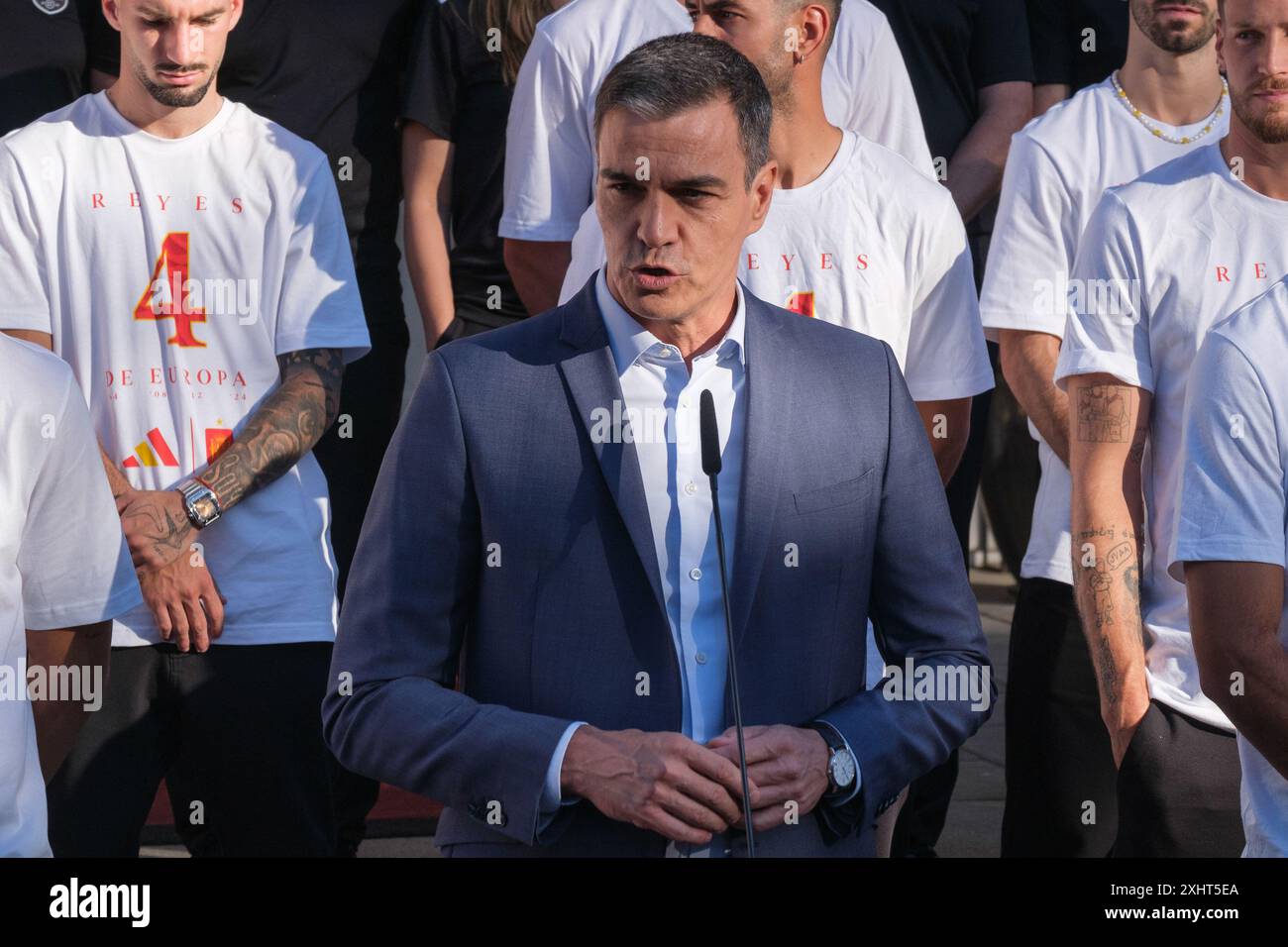 Pedro Sanchez während der Feier der UEFA EURO 2024 auf der Plaza de Colon in Madrid, am 15. Juli 2024 Spanien Stockfoto Pedro Sanchez während der Feier der UEFA EURO 2024 auf der Plaza de Colon in Madrid, am 15. Juli 2024 Spanien Stockfoto