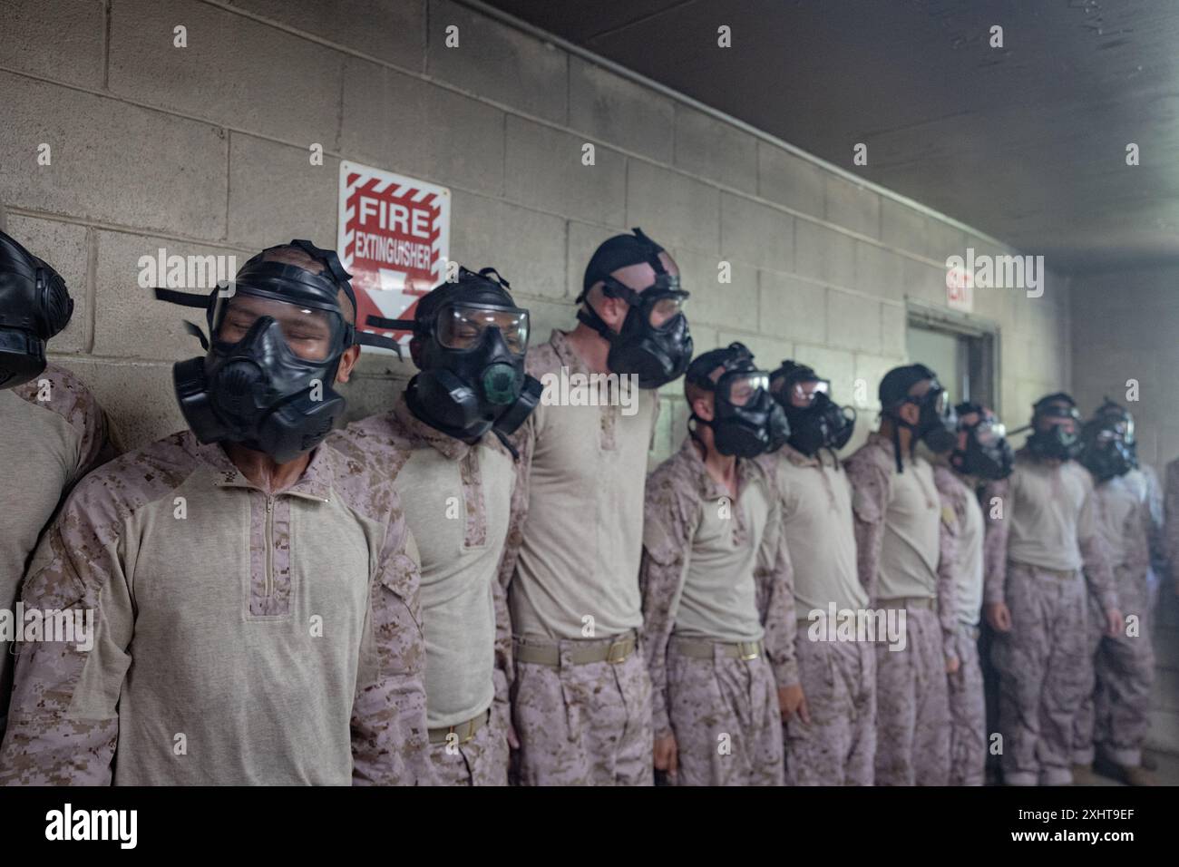 Rekruten der Bravo Company, 1. Rekruten-Ausbildungsbataillon, absolvieren die Gaskammer während der Ausbildung zur chemischen, biologischen, radiologischen und nuklearen Verteidigung im Marine Corps Recruit Depot Parris Island, S.C., 15. Juli 2024. Rekruten werden CS-Gas ausgesetzt, um sich mit der Verwendung ihrer Gasmasken vertraut zu machen. (Foto des U.S. Marine Corps von Lance CPL. Ayden Cassano) Stockfoto