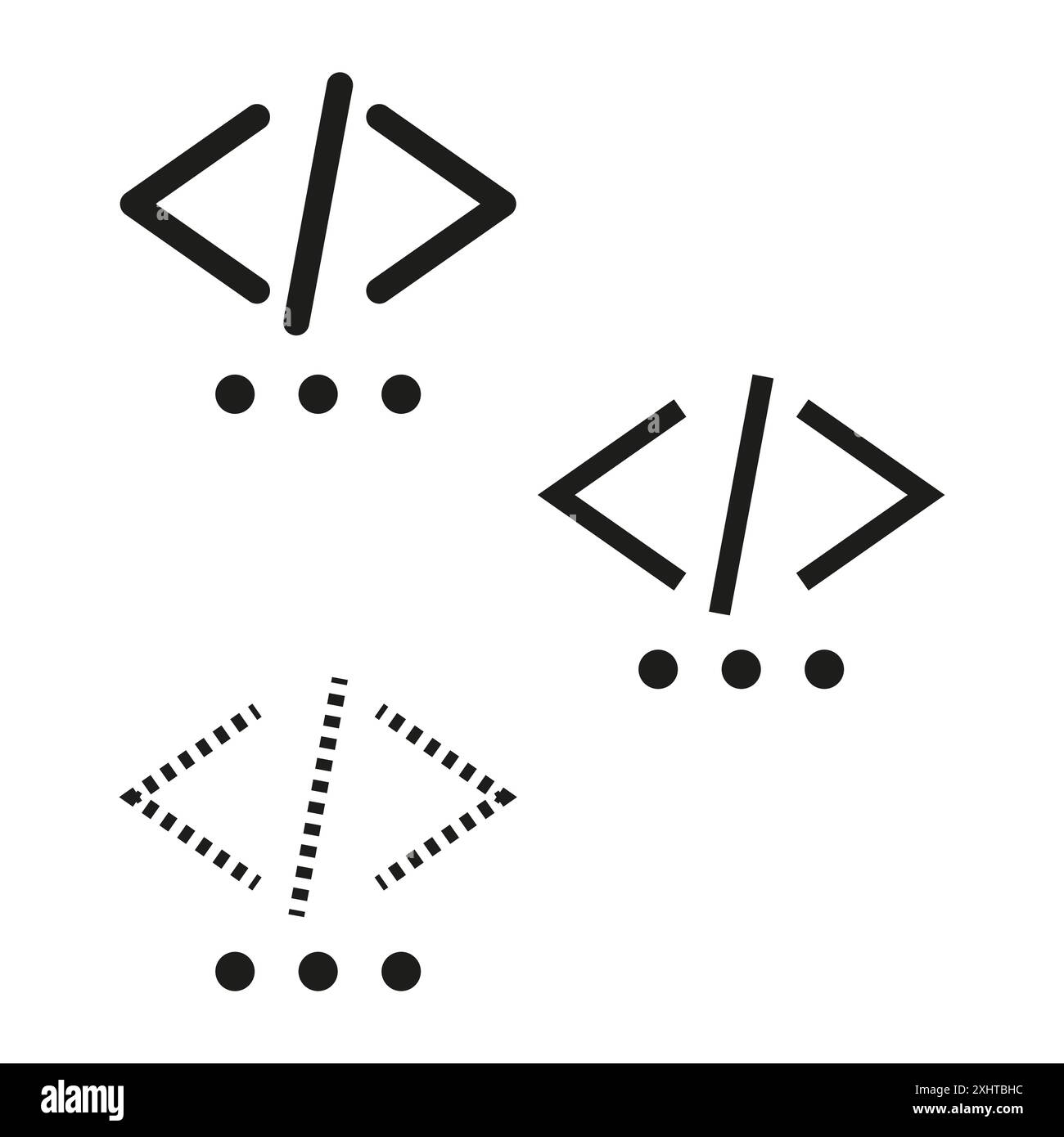 Codierungssymbolgruppe. Vektor der Programmierungssymbole. Abbildung des Entwicklercodes. Abstraktes technisches Design. Stock Vektor