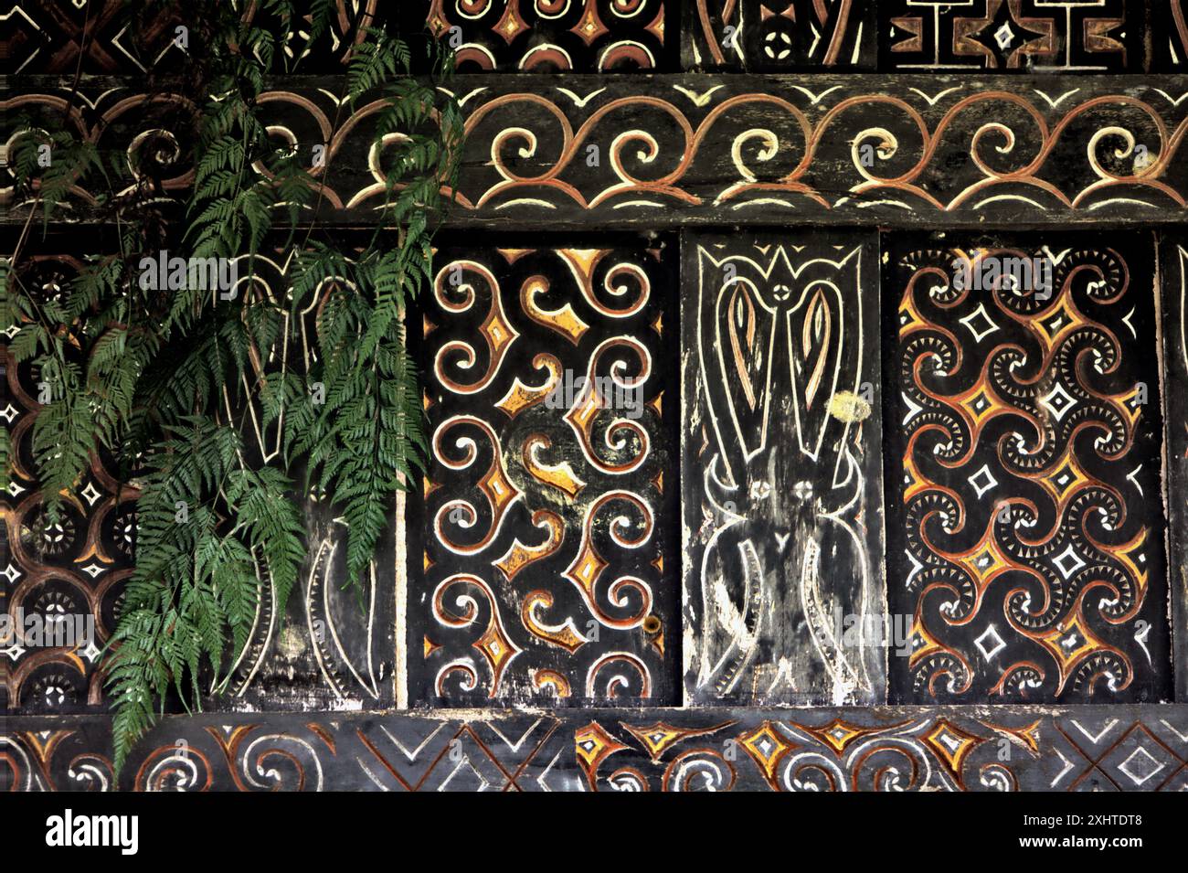 Farnblatt und dekoratives Gemälde in traditionellem Motiv an der Wand einer Reisscheune im Dorf Kete Kesu, Nord-Toraja, Süd-Sulawesi, Indonesien. Stockfoto