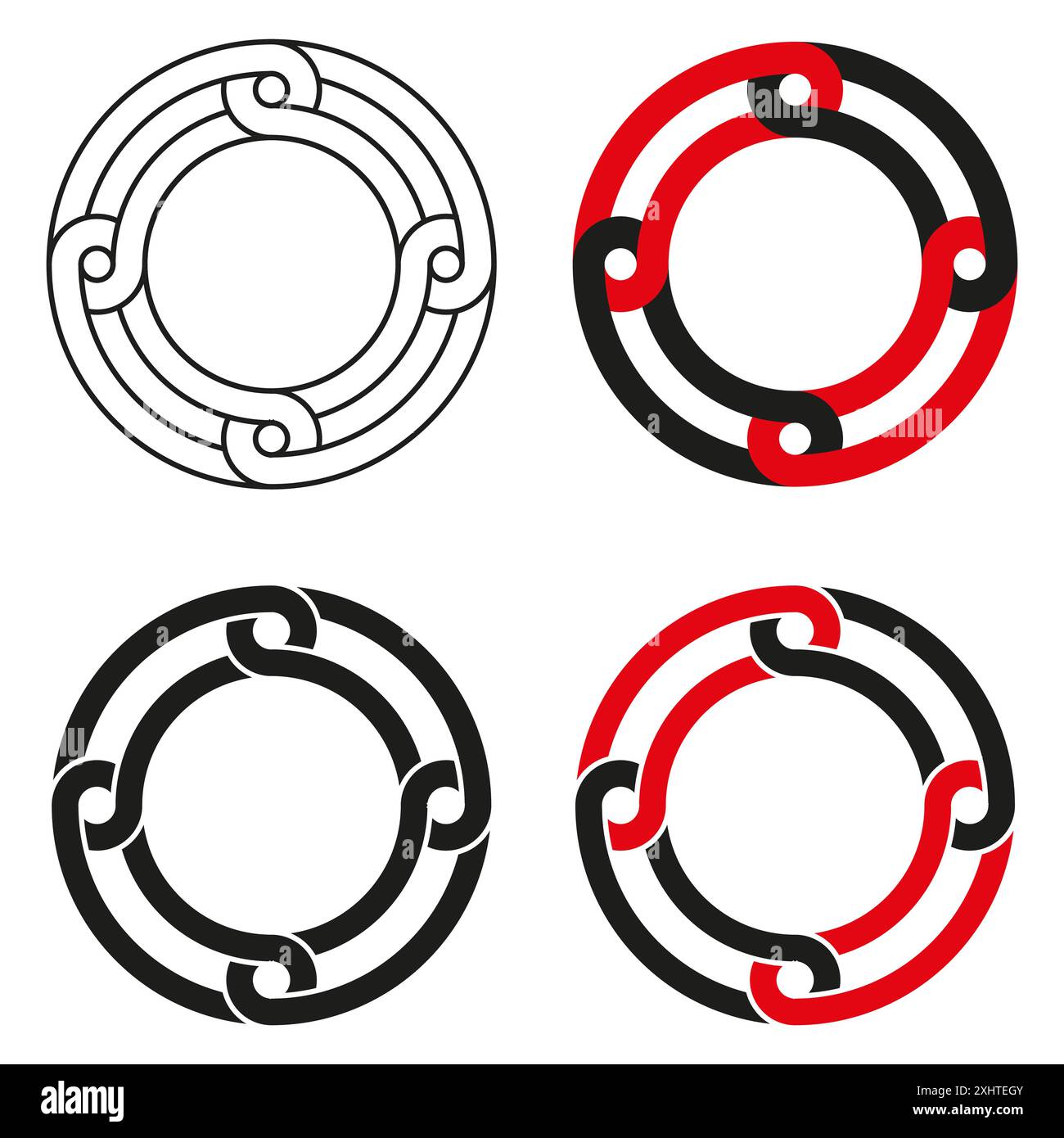 Kreisförmige Mustersymbole. Schwarzer, roter, weißer Vektor. Geometrische dekorative Symbole. Komplizierte runde Designs. Stock Vektor