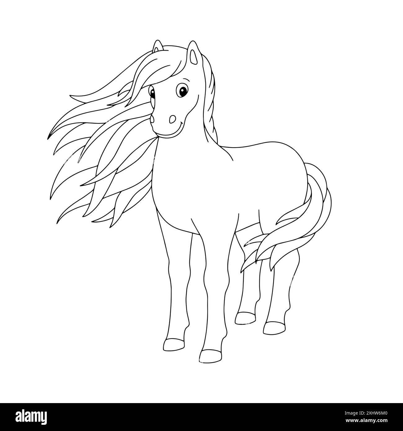 Niedliches Pferd. Nutztier. Ausmalseite für Kinder. Digitaler Stempel. Figur im Cartoon-Stil. Vektorillustration isoliert auf weißem Hintergrund. Stock Vektor