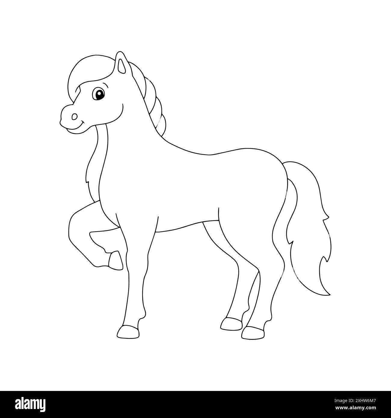 Niedliches Pferd. Nutztier. Ausmalseite für Kinder. Digitaler Stempel. Figur im Cartoon-Stil. Vektorillustration isoliert auf weißem Hintergrund. Stock Vektor