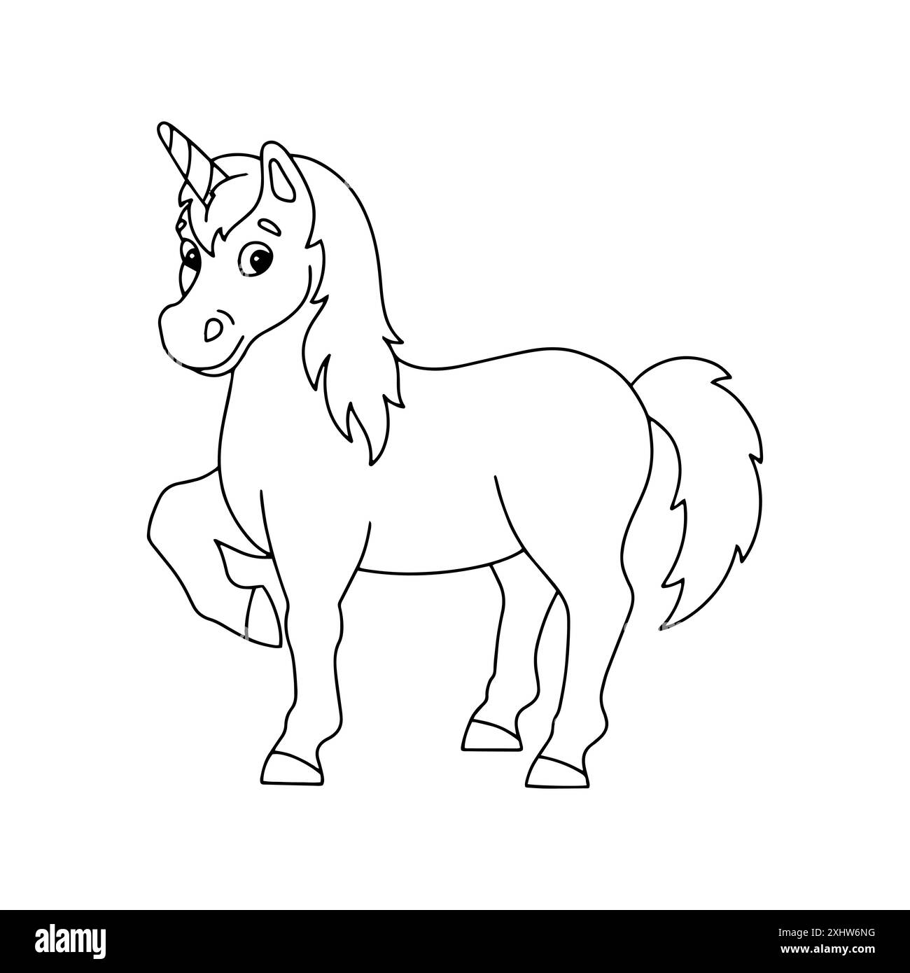 Magisches Einhorn. Feenpferd. Malbuch-Seite für Kinder. Figur im Cartoon-Stil. Vektorillustration isoliert auf weißem Hintergrund. Stock Vektor
