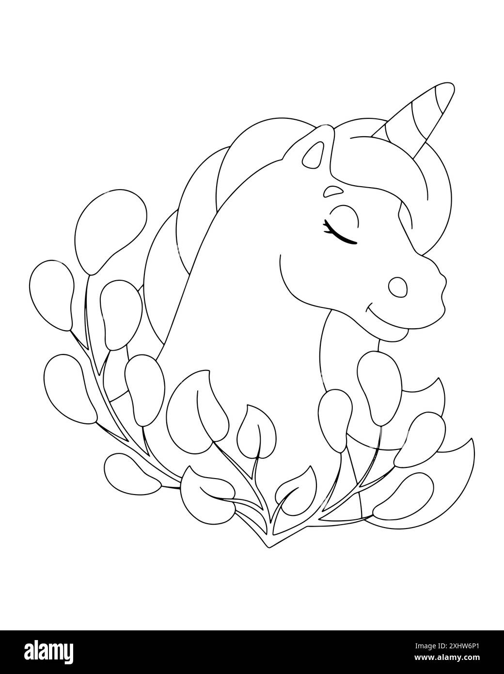 Pferdeeinhornkopf. Malbuch-Seite für Kinder. Figur im Cartoon-Stil. Vektorillustration isoliert auf weißem Hintergrund. Stock Vektor