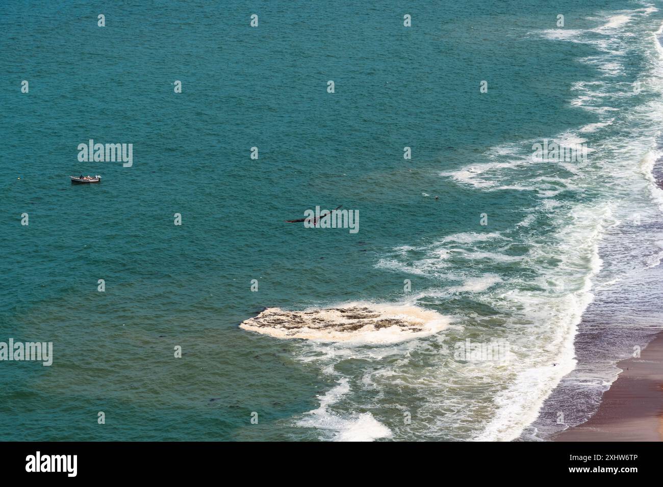 Vögel schweben über den unberührten Gewässern des Paracas Reservats Stockfoto