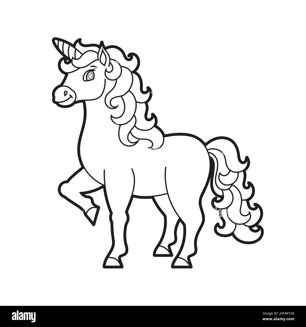 Niedliches Einhorn. Magisches Feenpferd. Malbuch Seite für Kinder. Cartoon-Stil. Vektordarstellung auf weißem Hintergrund isoliert. Stock Vektor