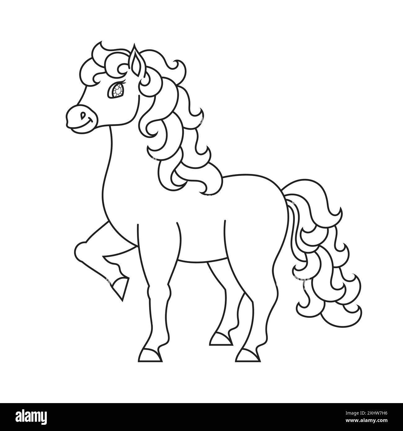 Niedliches Einhorn. Magisches Feenpferd. Malbuch Seite für Kinder. Cartoon-Stil. Vektordarstellung auf weißem Hintergrund isoliert. Stock Vektor