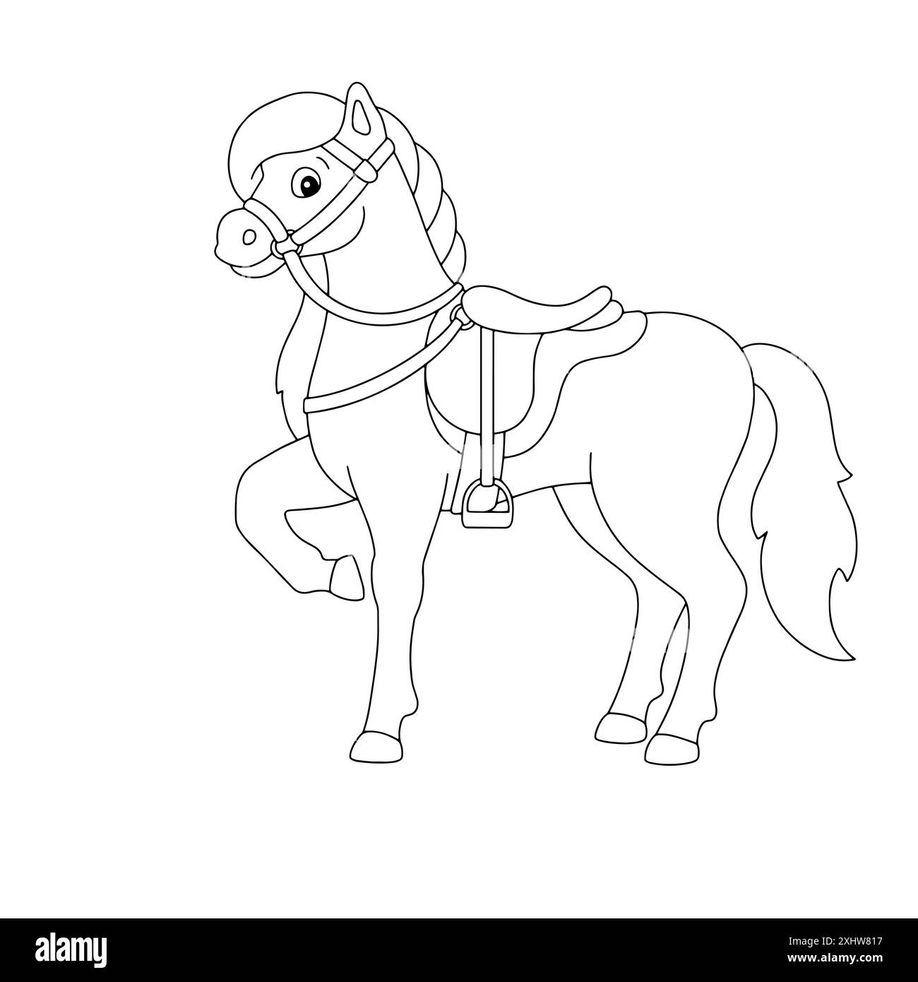 Niedliches Pferd. Nutztier. Ausmalseite für Kinder. Digitaler Stempel. Figur im Cartoon-Stil. Vektorillustration isoliert auf weißem Hintergrund. Stock Vektor