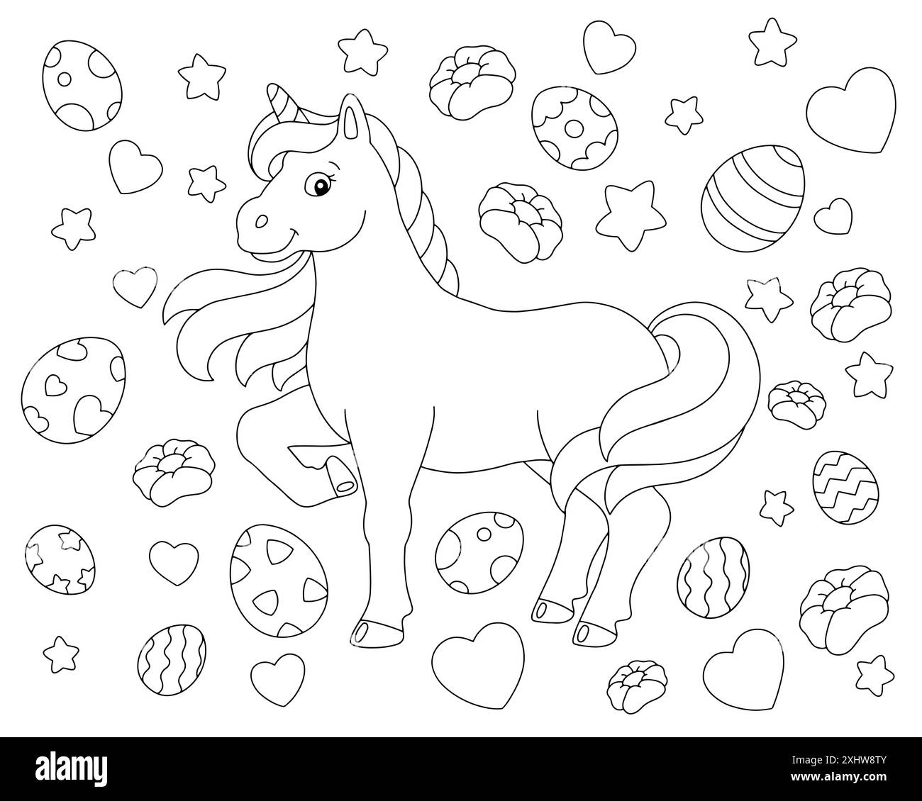 Schönes Einhorn. Ostermotiv. Malbuch-Seite für Kinder. Figur im Cartoon-Stil. Vektorillustration isoliert auf weißem Hintergrund. Stock Vektor