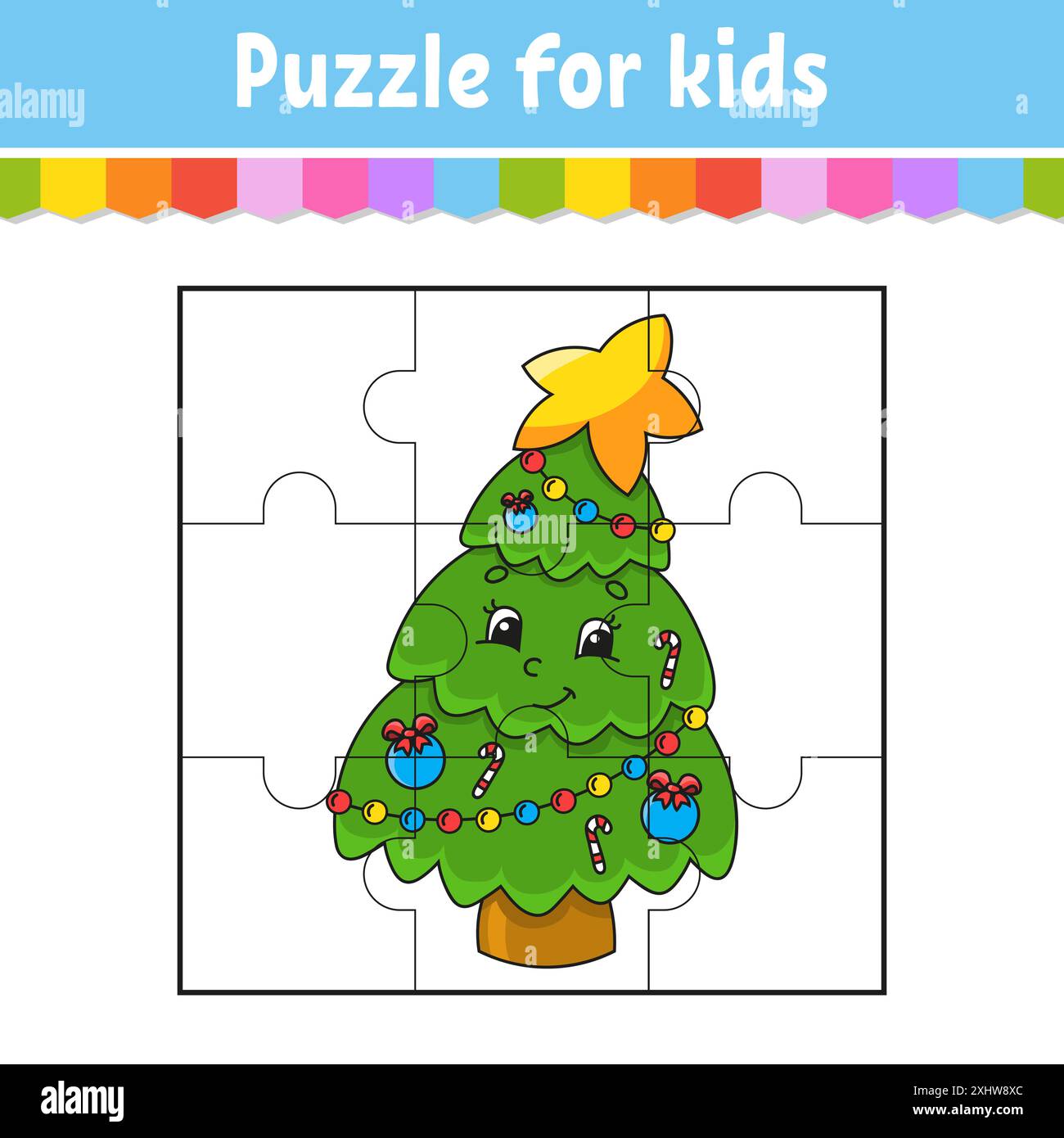 Puzzlespiel für Kinder. Stichsäge. Farbiges Arbeitsblatt. Weihnachtsmotiv. Aktivität". Isolierte Vektordarstellung. Zeichentrickstil. Stock Vektor