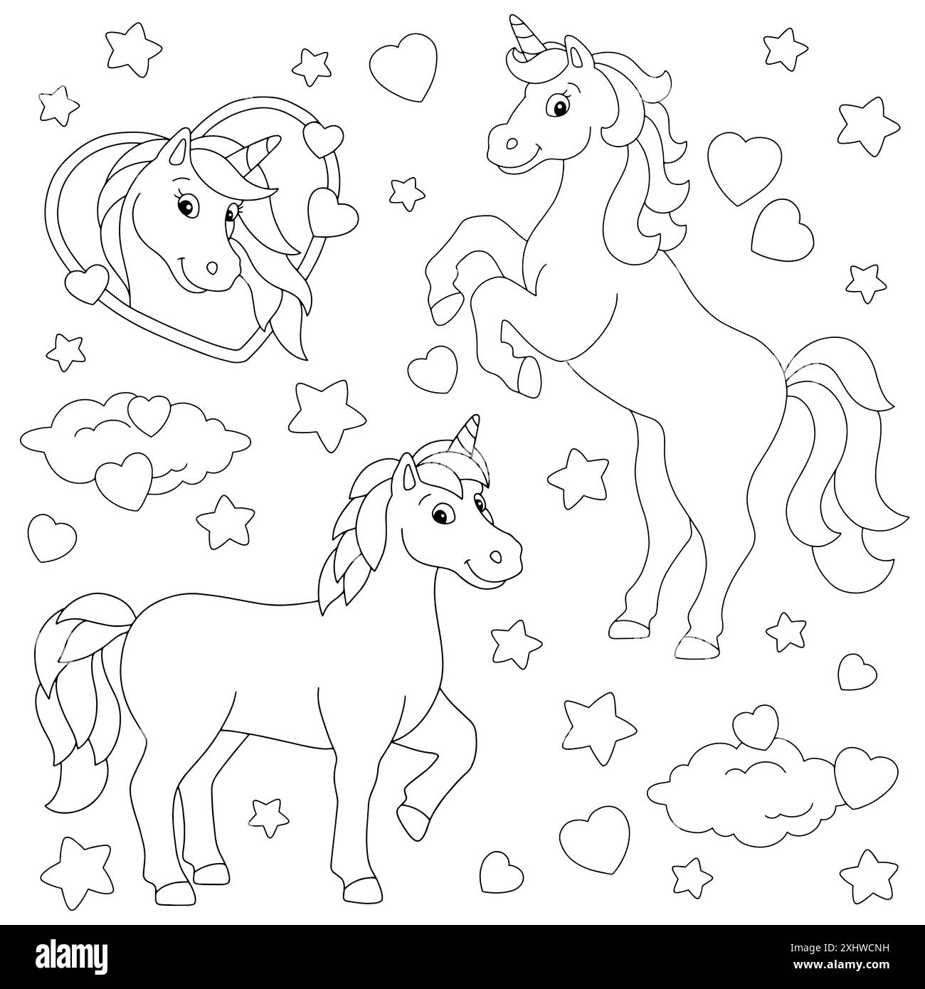 Liebliche magische Einhörner in Liebe. Malbuch-Seite für Kinder. Figur im Cartoon-Stil. Vektorillustration isoliert auf weißem Hintergrund. Stock Vektor