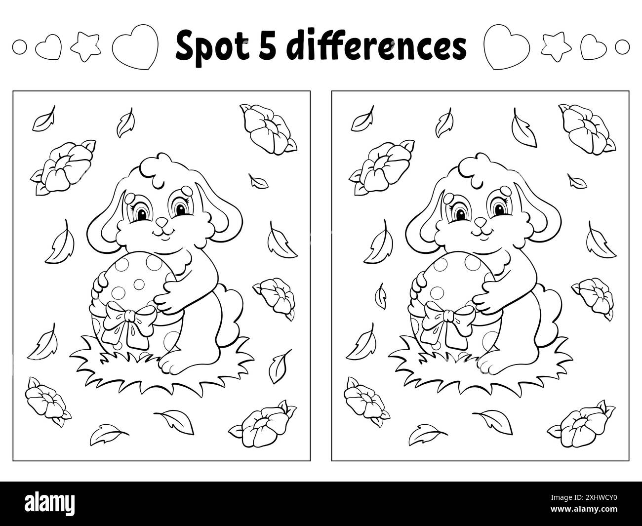 Finde fünf Unterschiede. Ostermotiv. Ausmalseite für Kinder. Aktivitätsarbeitsblatt für untergeordnete Elemente. Vektorillustration isoliert auf weißem Hintergrund. Stock Vektor