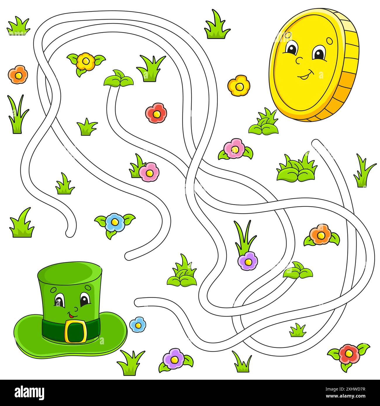 Lustiges Labyrinth für Kinder. Puzzle für Kinder. Zeichentrickfigur. Labyrinthkonundrum. St. Patrick's Day. Abbildung des Farbvektors. Finden Sie den richtigen Weg. Stock Vektor
