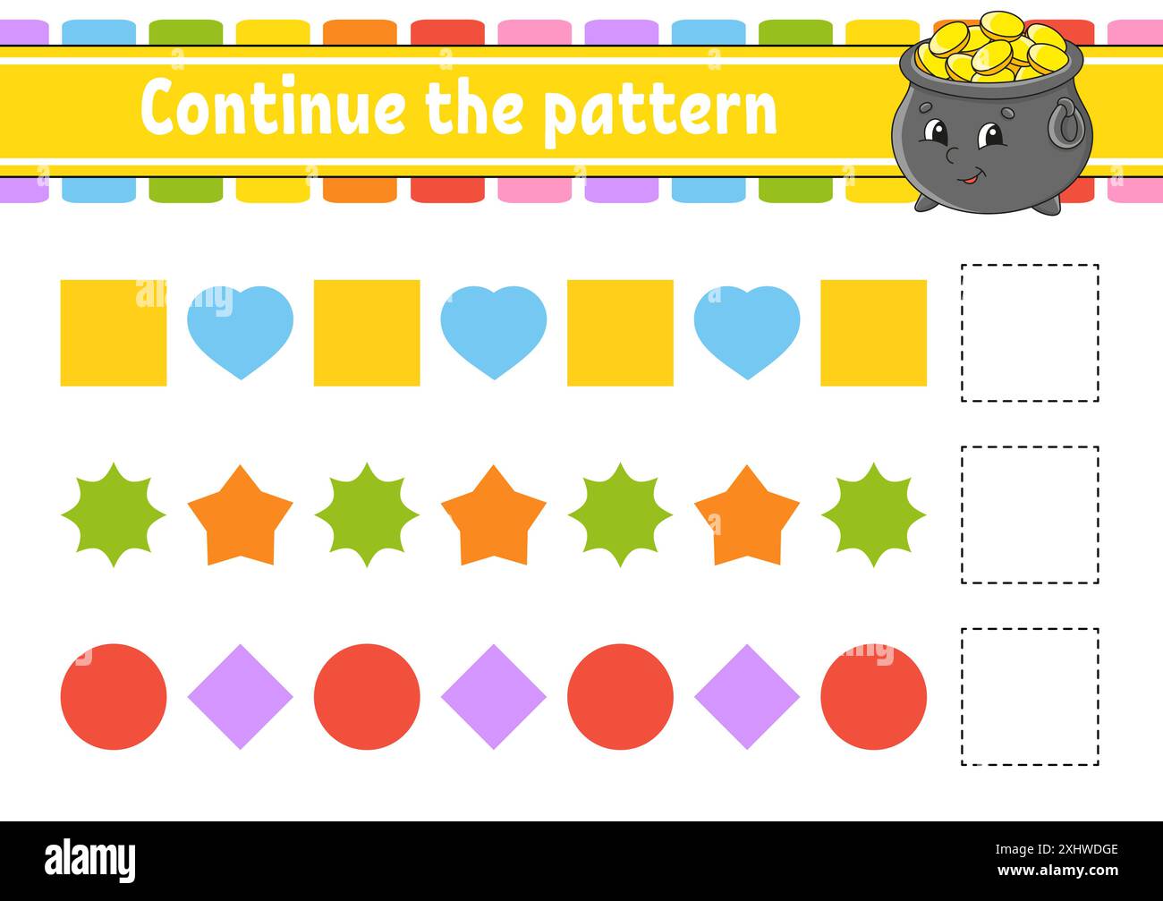 Das Muster fortsetzen. Arbeitsblatt zur Entwicklung von Schulungen. Spiel für Kinder. Aktivitätsseite. Puzzle für Kinder. Rätsel für Vorschule. Flach isolierter Vektor il Stock Vektor