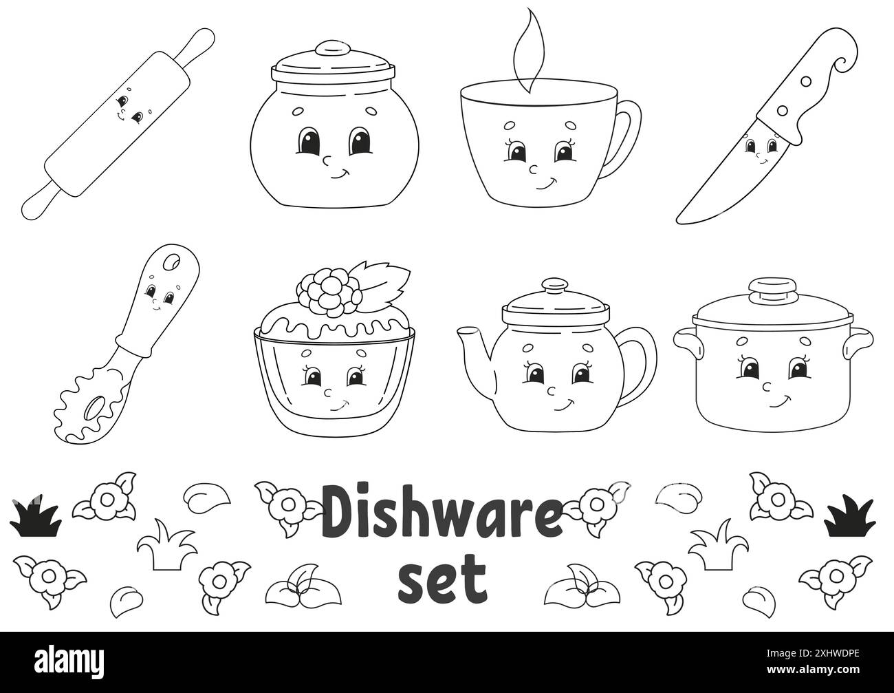 Malbuch für Kinder. Fröhliche Charaktere. Geschirr-Thema. Vektorabbildung. Niedlicher Cartoon-Stil. Schwarze Kontur. Isoliert auf weißer Rückseite Stock Vektor