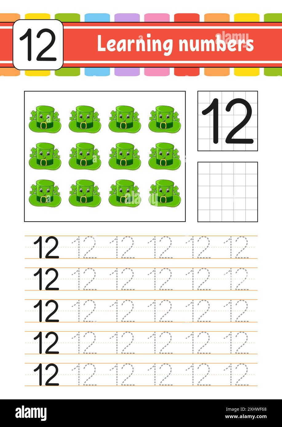 Zahlen nachverfolgen und schreiben. Handschriftenpraxis. Zahlen für Kinder lernen. Arbeitsblatt zur Entwicklung von Bildungsmaßnahmen. St. Patrick's Day. Aktivität". Isolierte V Stock Vektor