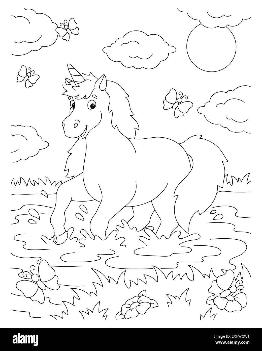 Ein fröhliches Einhorn springt aufs Wasser. Malbuch-Seite für Kinder. Figur im Cartoon-Stil. Vektorillustration isoliert auf weißem Hintergrund. Stock Vektor