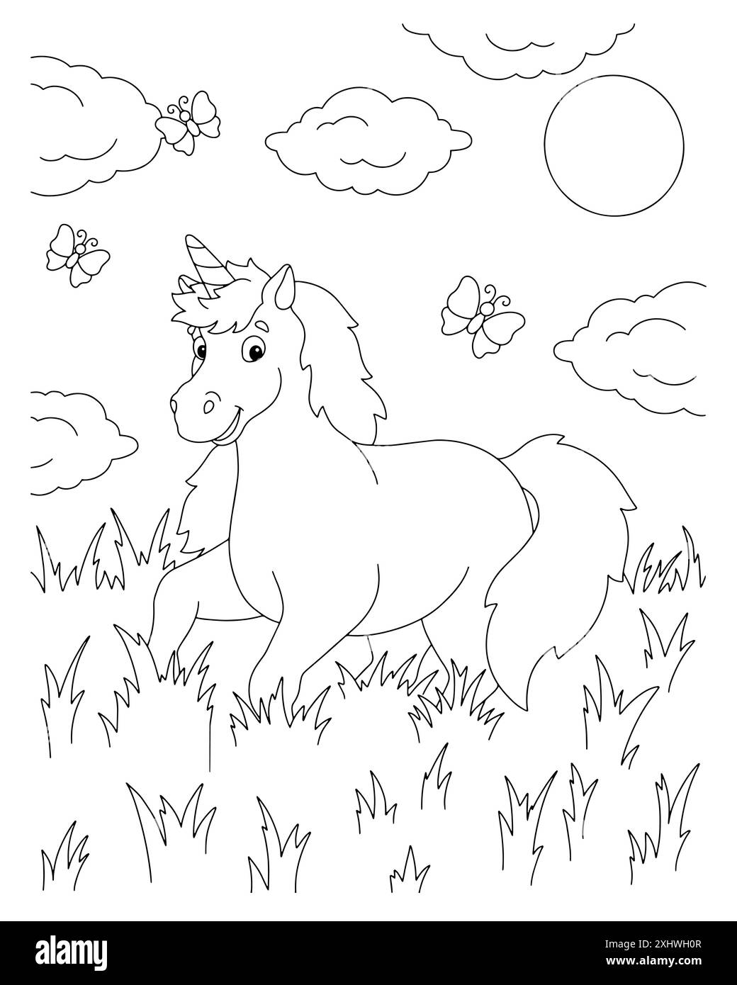 Ein fröhliches Einhorn springt auf das Gras. Malbuch-Seite für Kinder. Figur im Cartoon-Stil. Vektorillustration isoliert auf weißem Hintergrund. Stock Vektor