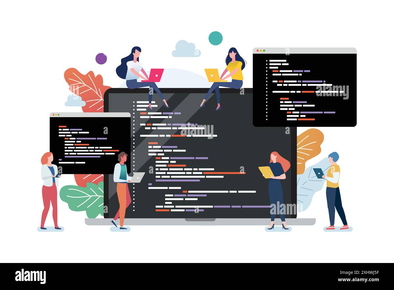 Personen mit Codierung auf dem Laptop-Bildschirm. Konzept der Computerprogrammierung oder Entwicklung von Software oder Spielen. Vektor-Illustration mit Codierung, Java, HTML, Stock Vektor