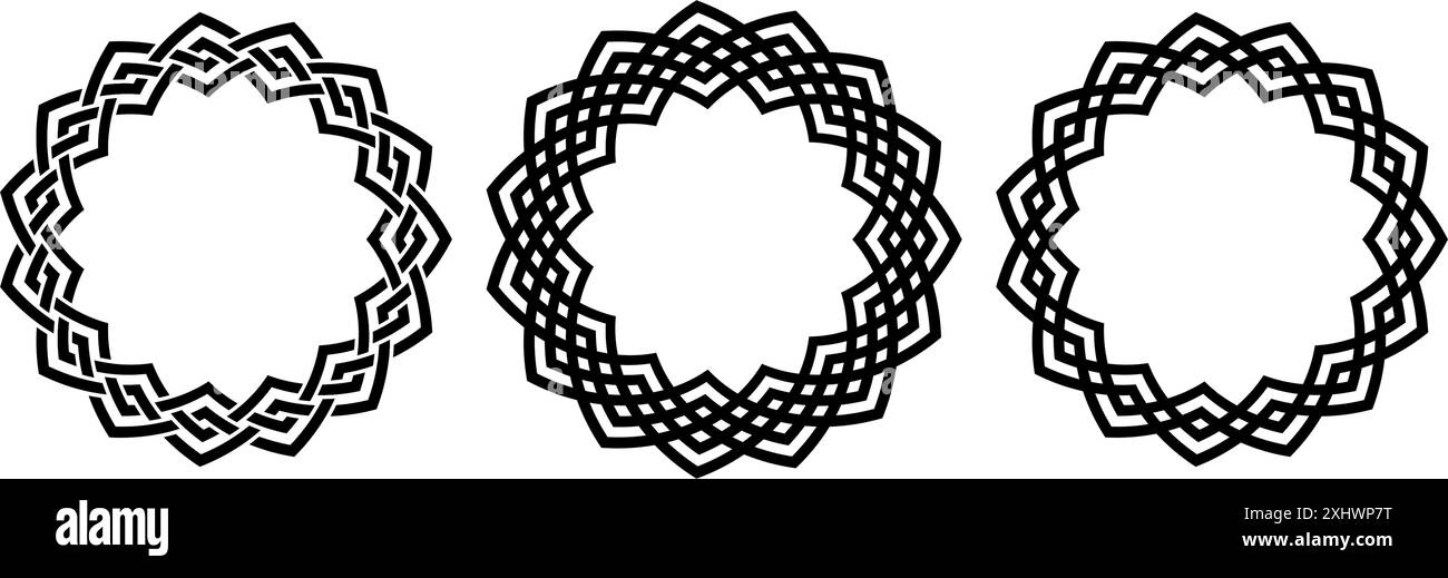 Kreis-Rahmen-Set mit Retro-Knoten. Vintage keltische Kollektion mit runder Borte. Zopf- und Seidenverzierung sowie Motivmuster für Banner, Poster, Rahmen. Schwarze runde Designelemente im Paket. Vektorpaket Stock Vektor