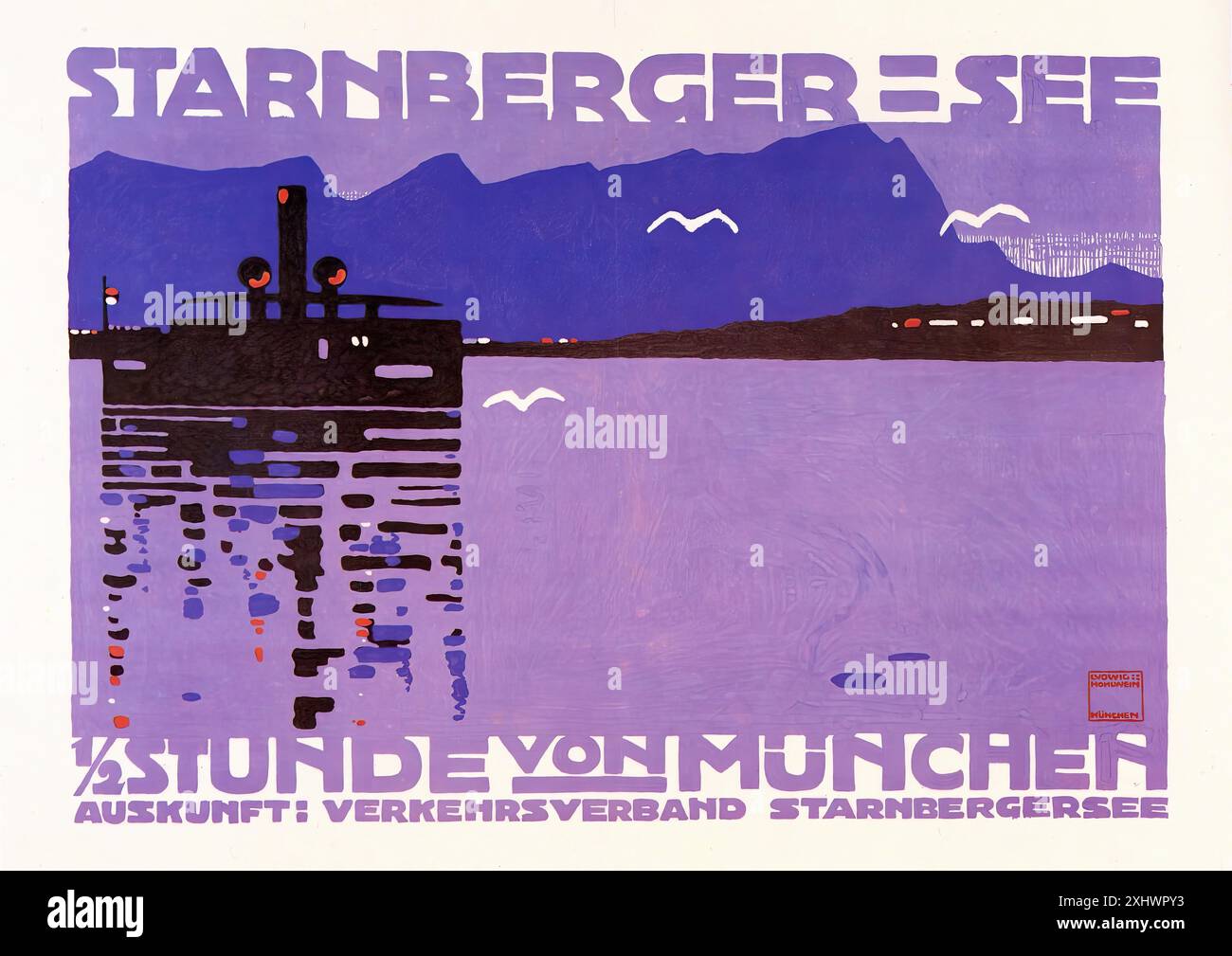 HOHLWEIN Ludwig - Starnberger See, 1910. - Art Nouveau-Vintage-Druck Stockfoto