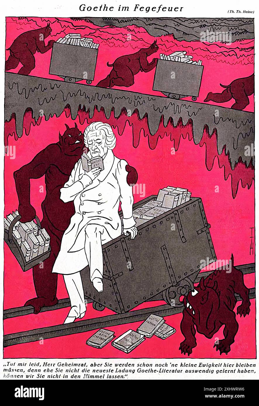 HEINE, Thomas Theodor (1867-1948). „Goethe im Fegefeuer“ (Goethe im Fegefeuer), Cartoon in Simplicissimus, Nr. 51, 19 - Jugendstildrucke im Jahrgang 32. Stockfoto