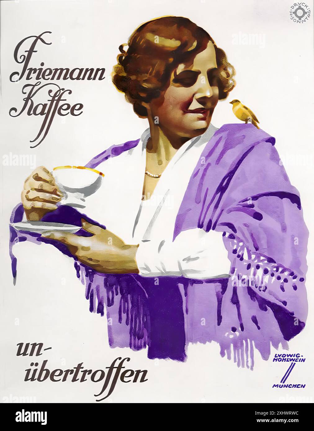 HOHLWEIN Ludwig - Friemann Kaffee, Unübertroffen, 1926. - Art Nouveau-Vintage-Druck Stockfoto