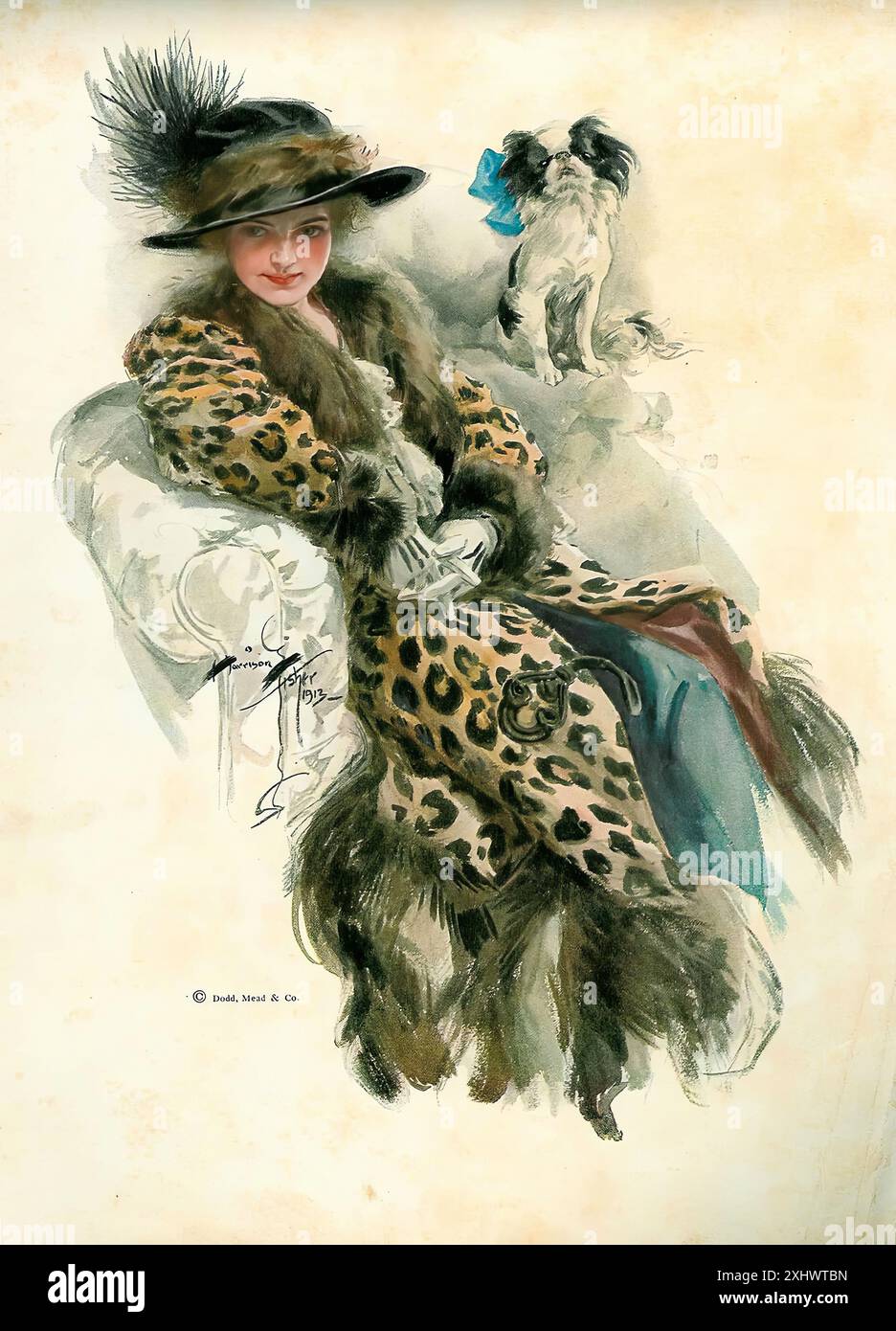 FISHER Harrison (1875-1934) - [Mantel mit Leopardenmuster], 1913. - Vintage-Illustration Stockfoto