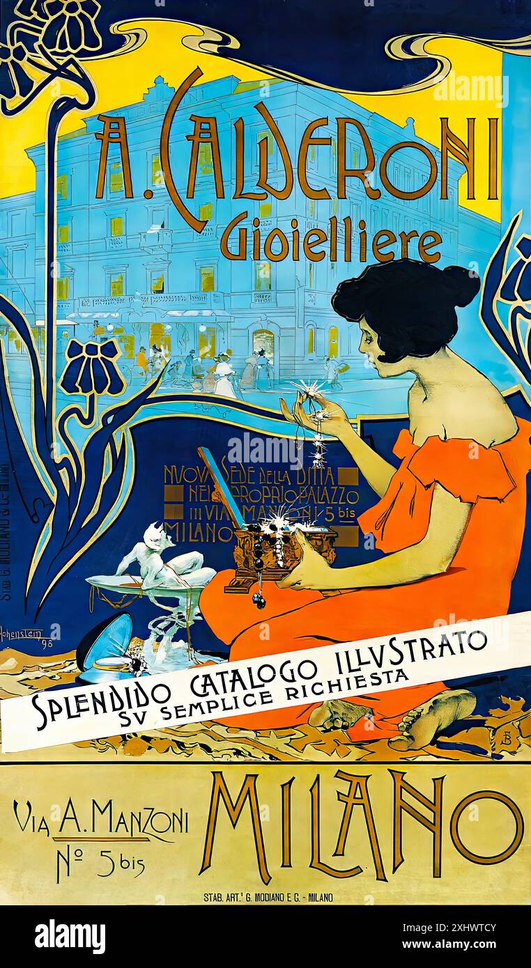 HOHENSTEIN Adolfo - A - Calderoni Gioielliere, 1898. - Art Nouveau-Vintage-Druck Stockfoto