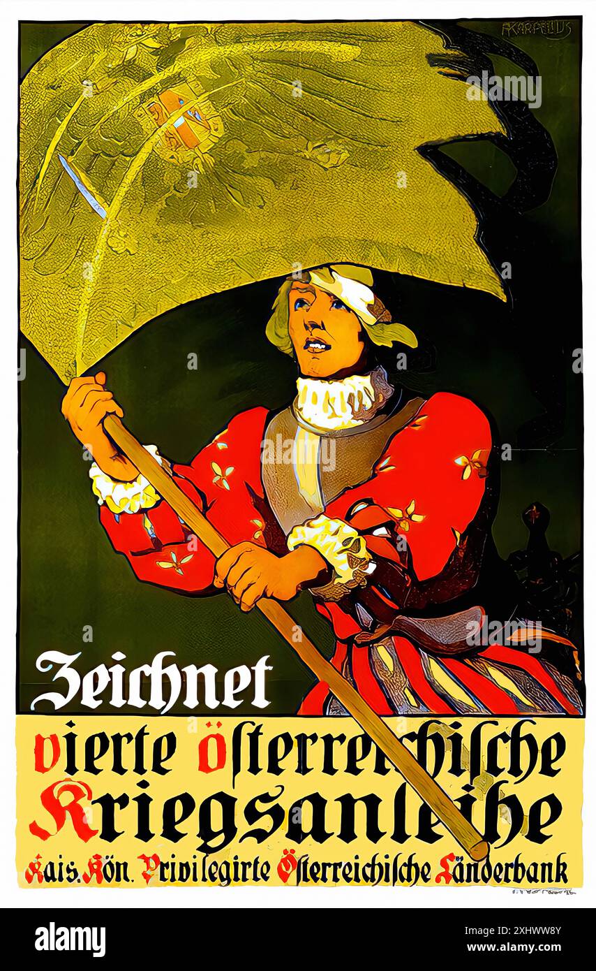 KARPELLUS Adolf - Zeichnet Vierte Österreichilche Kriegsanleihe, ca. 1916. - Art Nouveau-Vintage-Druck Stockfoto