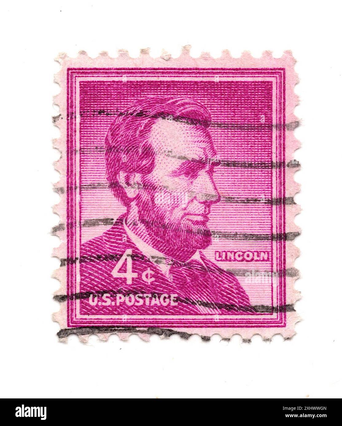 Eine alte Briefmarke von Abraham Lincoln aus den USA auf weißem Hintergrund. Stockfoto