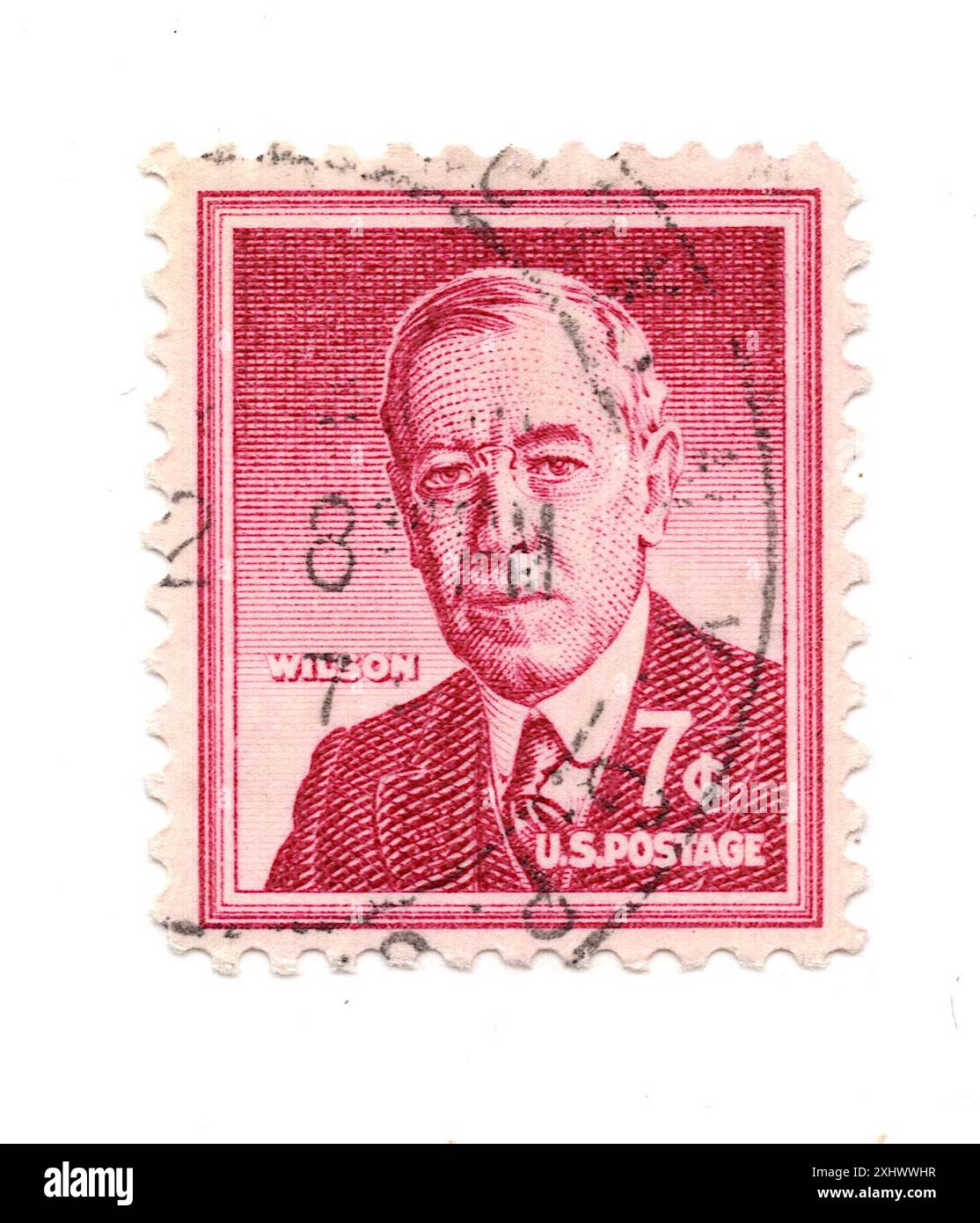 Eine alte Wilson-Briefmarke aus den USA auf weißem Hintergrund. Stockfoto