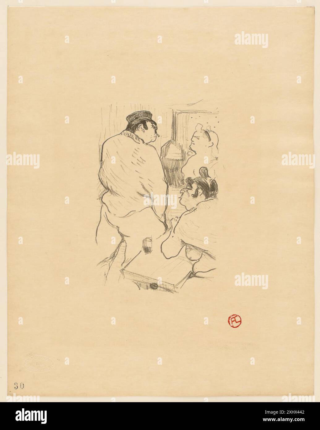 Lithografie von Toulouse-Lautrec mit dem Titel „Grenelle's Terror“, die eine dramatische oder sensationelle Szene im Paris des 19. Jahrhunderts darstellt. Der Druck verwendet markante Linien und Kompositionen, die typisch für den Künstler sind. Stockfoto