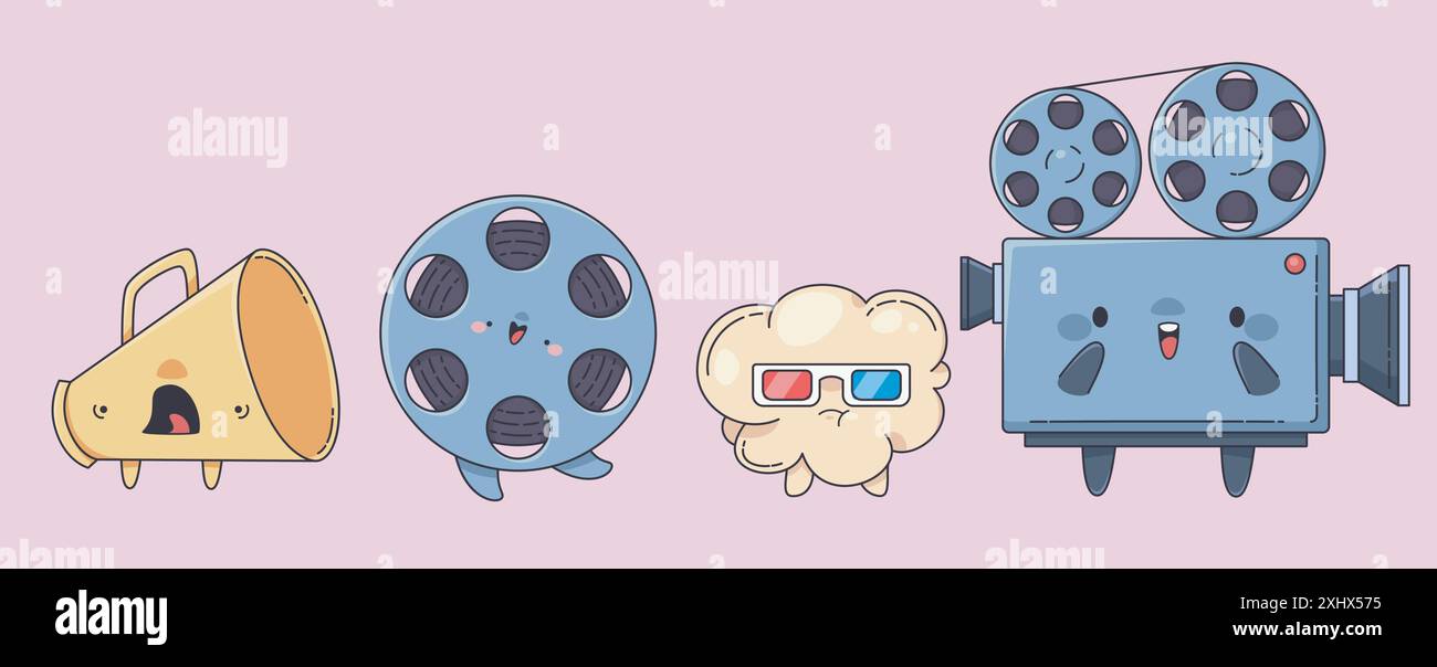 Fröhliche, lustige Filmfiguren. Comic Kawaii Vektor Illustration Set von niedlichem Kino Maskottchen mit verschiedenen Gesichts Emotionen - Megaphon und Rolle mit Filmband, Popcorn in 3D Brille und Kamera. Stock Vektor