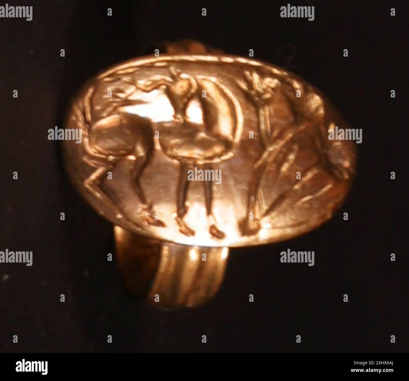 Ein ovaler Siegelring mit einem Hirsch- und Holzmotiv aus Metall, verwendet als persönliches Siegel, Herkunft und Datum unbekannt. Stockfoto