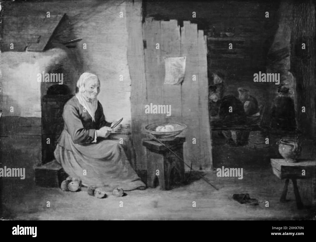 Ein Gemälde von Juliaen Teniers (1616–1679), das das Innere eines Bauernhauses mit einer alten Frau darstellt, die Äpfel schält, und das Wohnleben und die rustikale Inneneinrichtung zeigt. Stockfoto