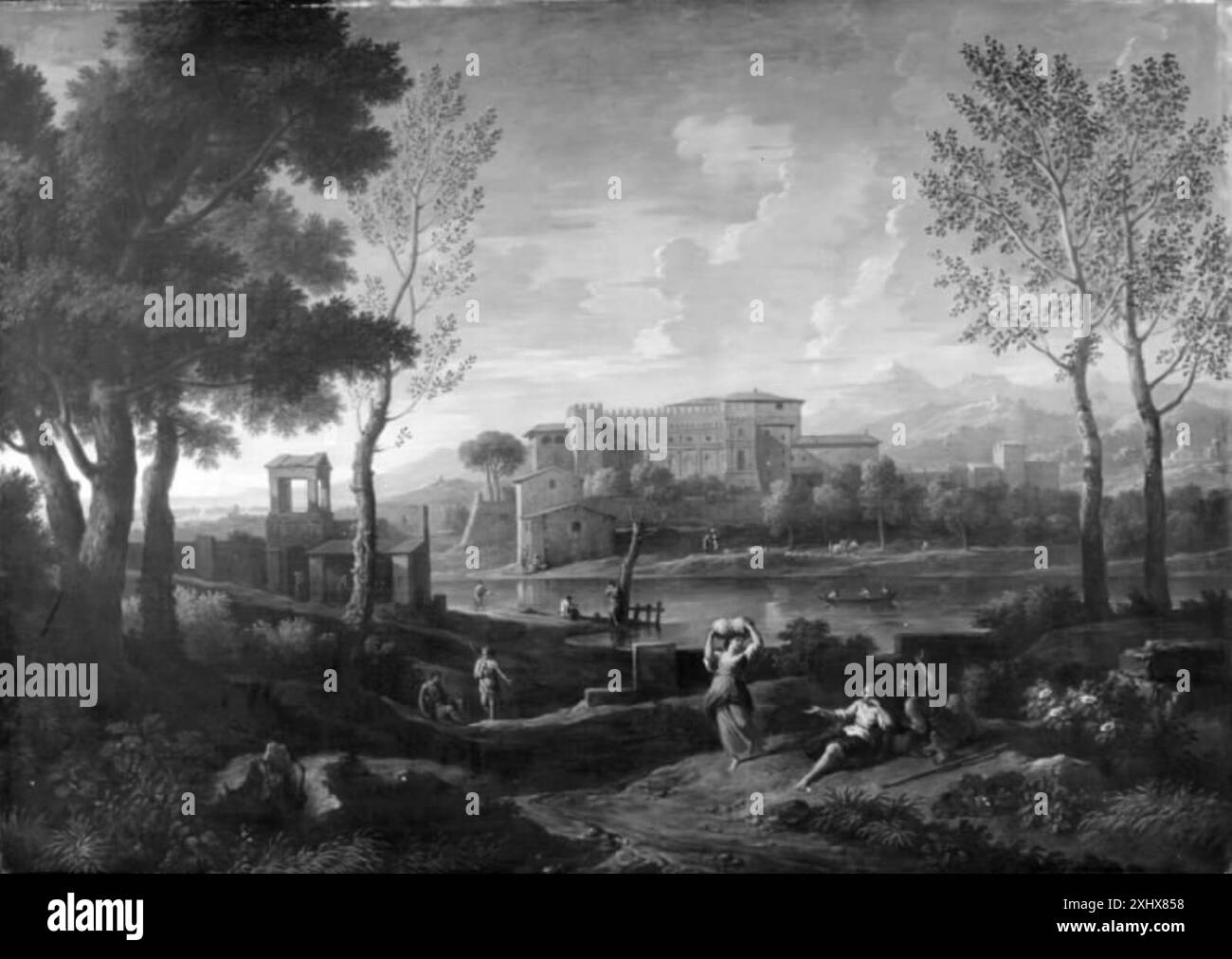 Römische Landschaft mit dem Tiber und dem Casino Belvedere Bloemen, Jan Frans van 1662 - 1749 Gemäldemuseen Tilvækst 1945-46, Ubekendt, S. 223, 18240, 1947. De senere års nye erhvervelser af malerkunst, Leo Swane, S. 128f (tilskrevet Gaspard Dughet), 19866, 1951. Flämische Gemälde: 1600 - 1800, Olaf Koester, OMT. S. 66-67, Afb. S. 300 (Abb. 17), 2000-589, 2000. Italienische Gemälde und Skulpturen in Dänemark, Harald Olsen, S. 41, afb. pl. LXXXIIIa (Titel: Landschaft mit dem Vatikanischen Belvedere), 28349, 1961. Jan Frans van Bloemen 'Orizzonte' e l'Origin del Paesaggio romano settecentesco, Andrea Bus Stockfoto