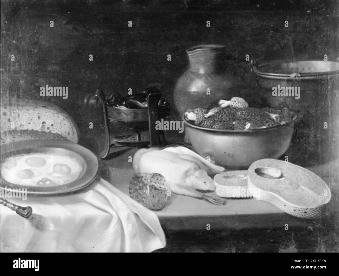 Stillleben Gemälde mit einem Küchentisch mit zwei Lachsstücken, einer gerupften Ente, einer Schüssel und weiteren Gegenständen. Die Zusammensetzung betont die Zubereitung und Anordnung von Speisen im Haushalt. Stockfoto