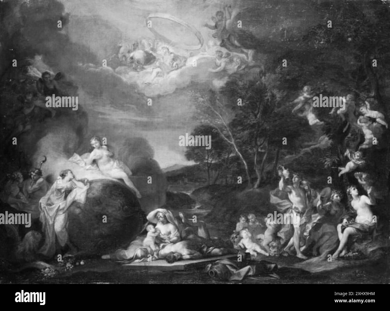 Allegory mit Bacchus, Ceres, Flora und Apollo Marchesini, Alessandro 1664 - 1738, Conca, Sebastiano 1680 - 1764, Solimena, Francesco 1657 - 1747, Matteis, Paolo de 1662 - 1728 Gemälde und Skulpturen in Dänemark, Harald Olsen, S. 54-55, afb. LXXIIIb (Som Sebastiano Conca), 28349, 1961 ein Allegory mit Bacchus, Ceres, Flora und Apollo Stockfoto