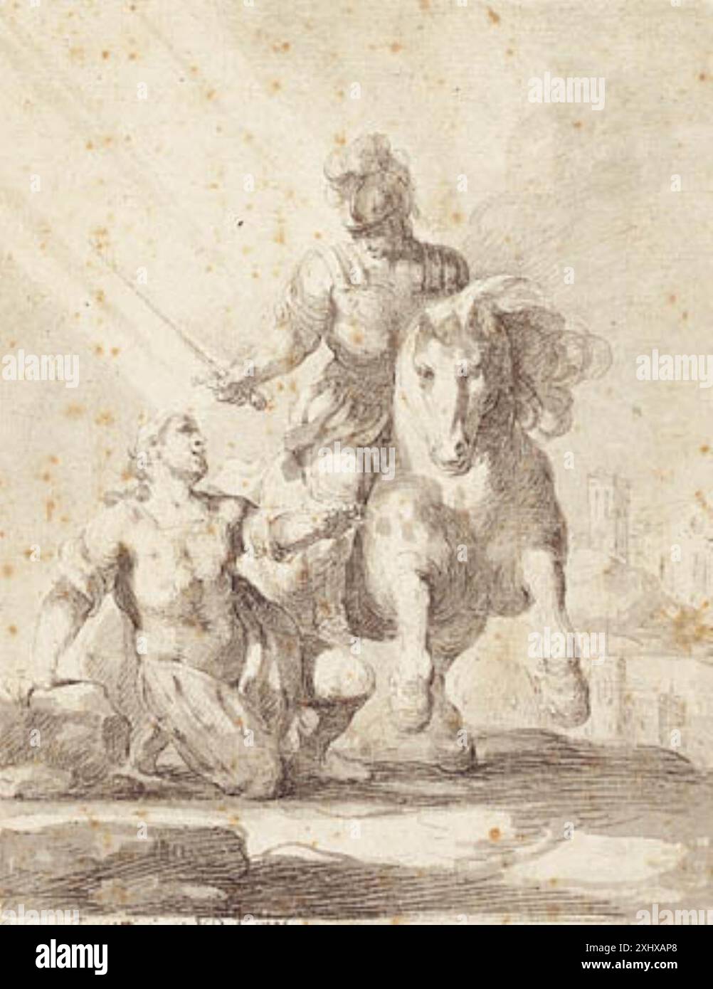 Zeichnung von Giovanni Domenico Ferretti, der einen Soldaten in antiker Kleidung zeigt, der ein Schwert über einen knienden Soldaten schwingt und die Kampfhaltung und Anatomie zeigt. Stockfoto