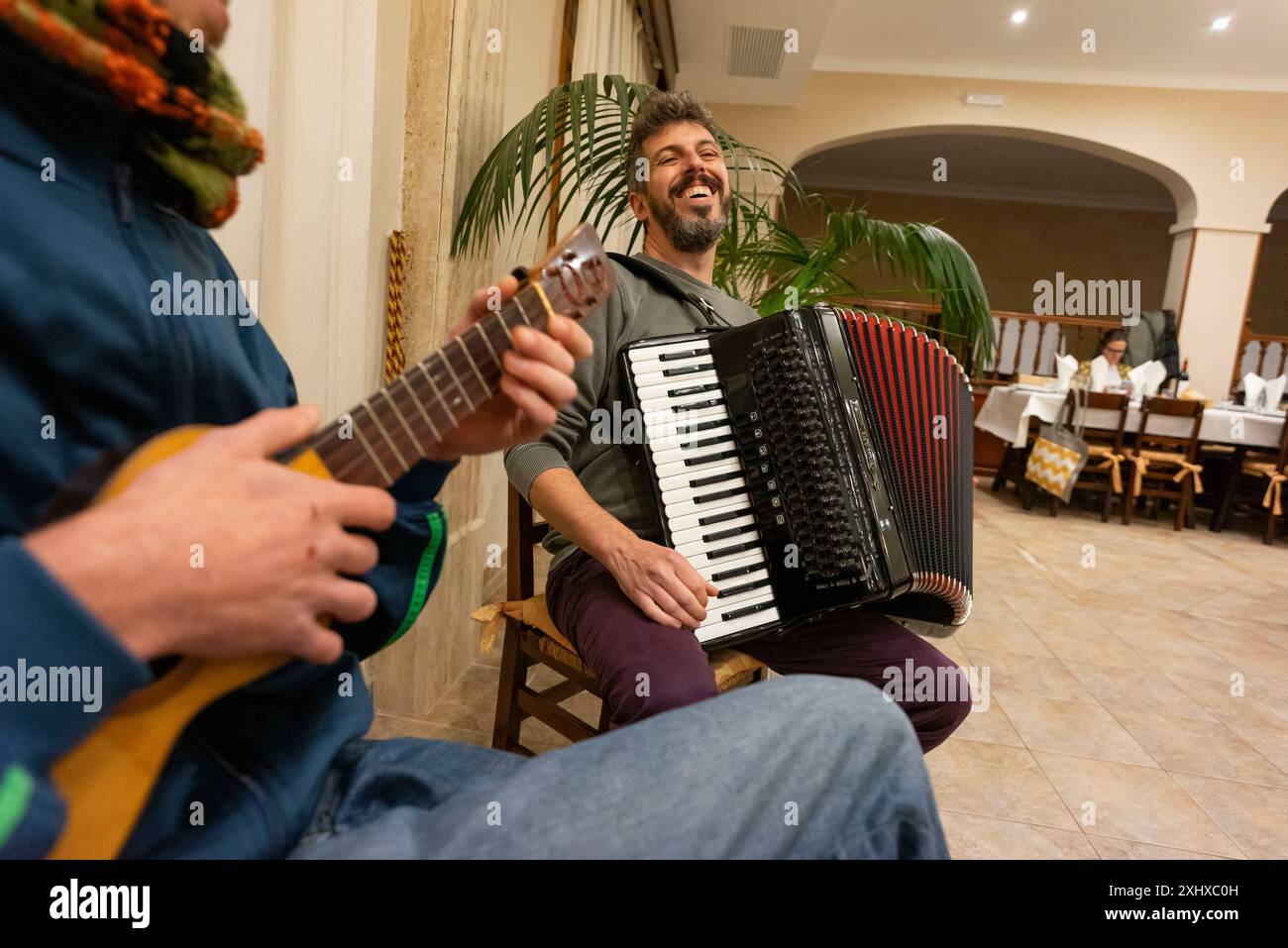 Sopar de cantadors i cantadores, Restaurant Can Tronca, Sant Joan, Mallorca, Balearen, Spanien Stockfoto