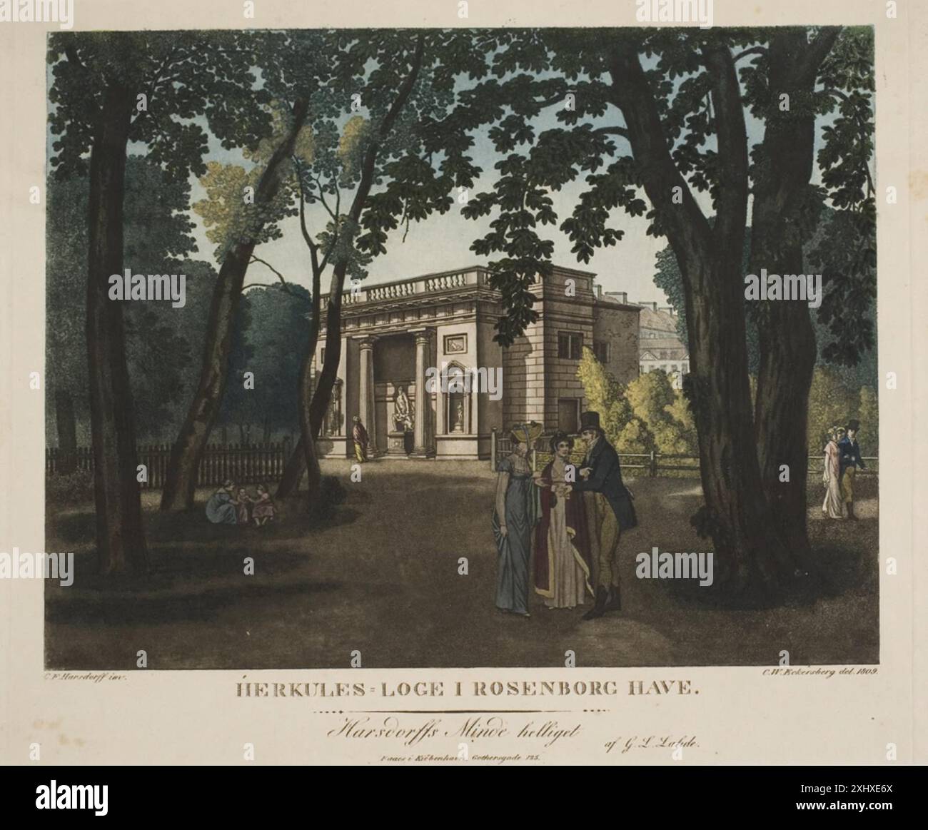 Die Hercules Lodge in Rosenborg Garten Lahde, Gerhard Ludvig 1765 - 1833, Eckersberg, C.W. 1783 - 1853 Aquatint, Print C.W. Eckersberg 1783-1853: Artiste Danois à Paris, Rome & Copenhague, Ger Luijten, afb. S. 48, omt. S. 47, 56, 2016 die Hercules-Hütte im Rosenborger Garten Stockfoto