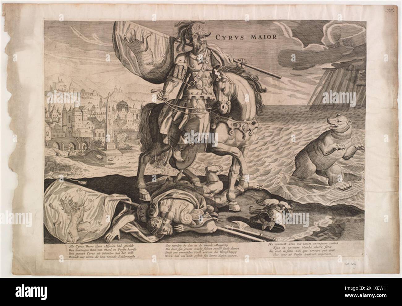 Ein Kupferstich von Adriaen Collaert (1558–1618), Maerten de Vos (1532–1603) und Cornelis Danckerts I. (1603–1656), der Cyrus, König von Persien, zeigt sein Porträt und königliche Kleidung. Stockfoto