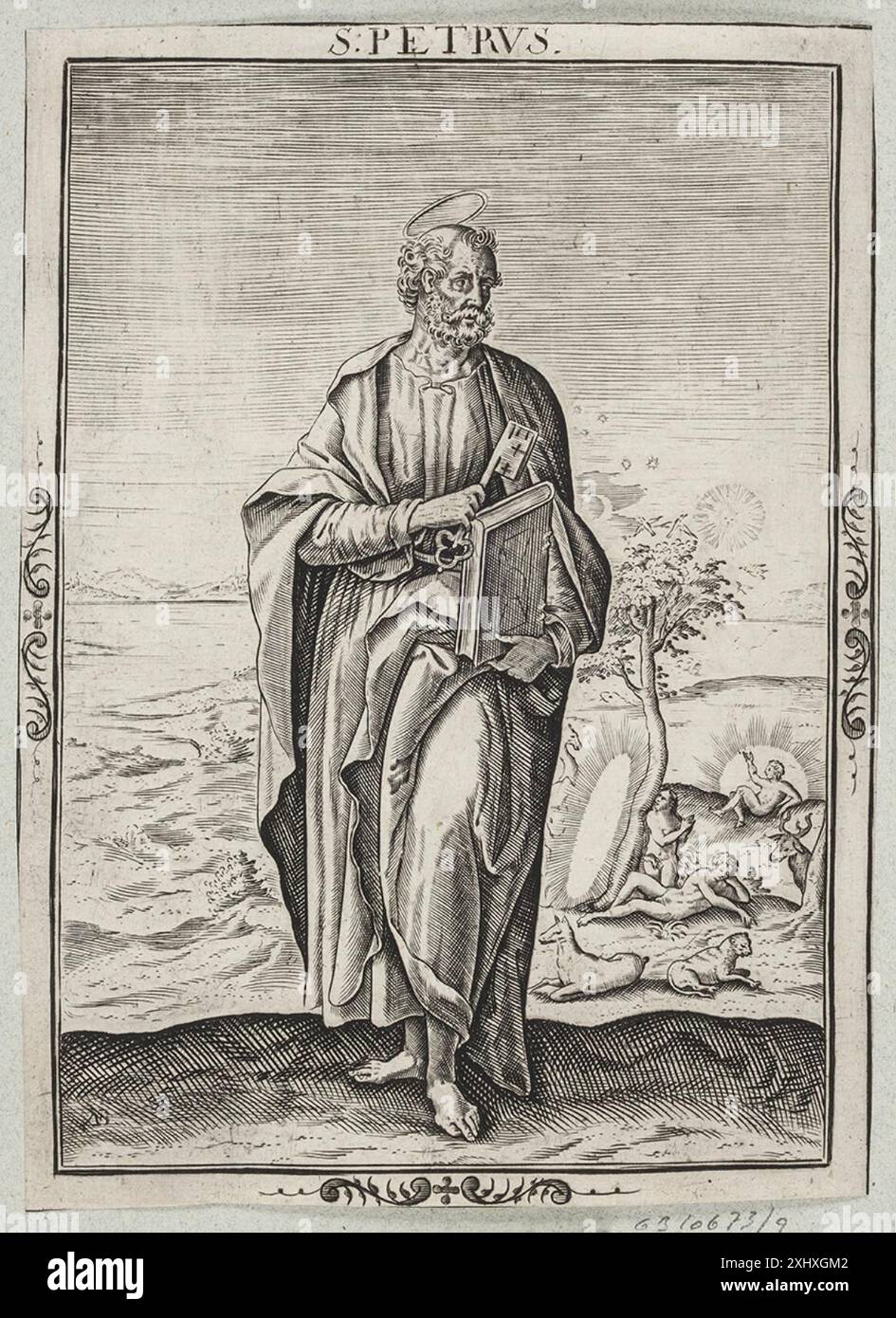 Dieser Kupferstich von Nicolaes de Bruyn zeigt den Heiligen Peter und zeigt seine Gesichtszüge, Kleidung und religiösen Symbole in der europäischen Kunst des 17. Jahrhunderts. Stockfoto