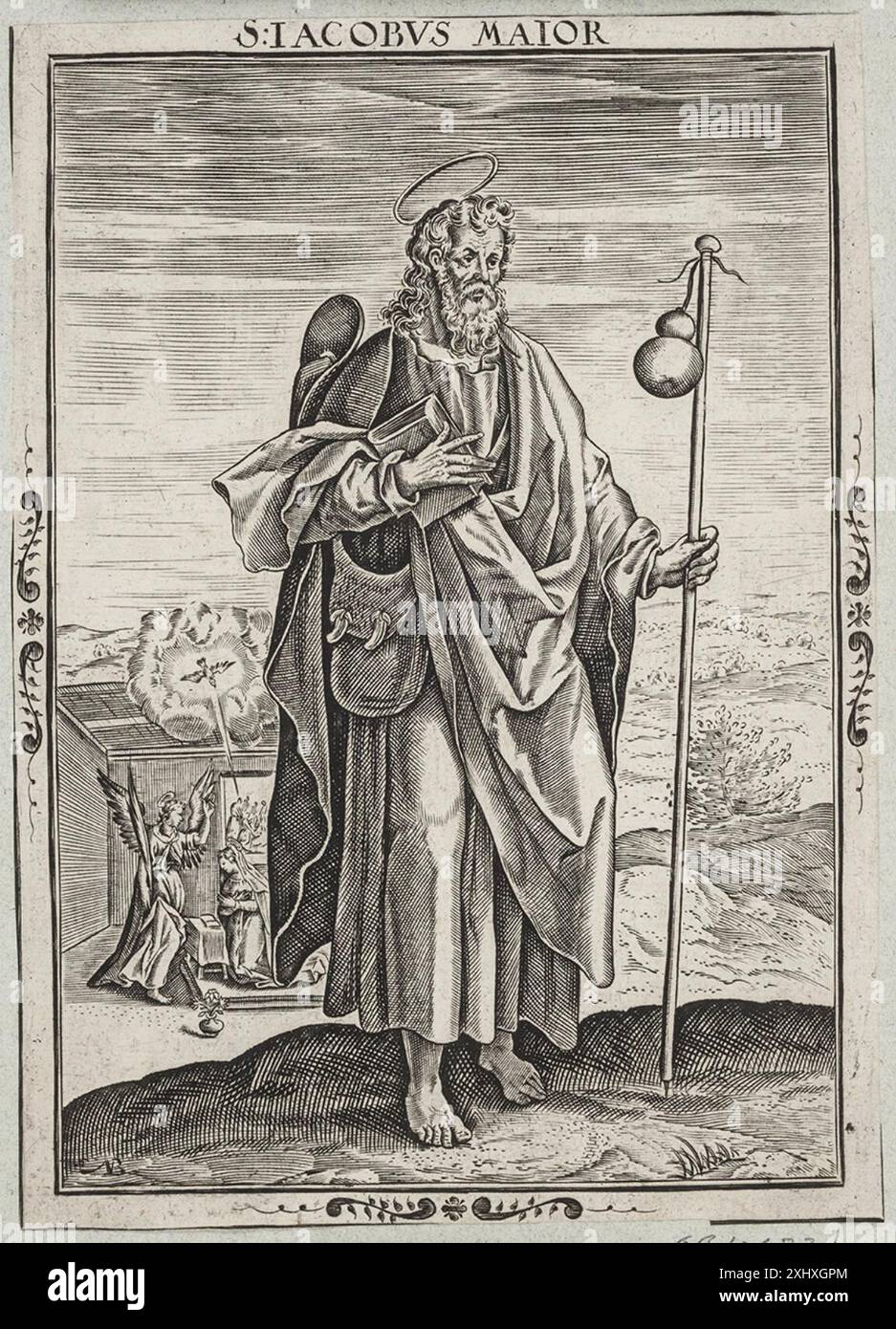 Ein Kupferstich von Nicolaes de Bruyn zeigt Sankt Jakob den Älteren mit heiligen Attributen, Kleidung und traditioneller religiöser Ikonographie. Stockfoto